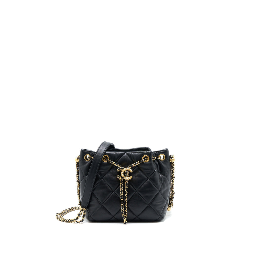 Chanel Drawstring Bucket Bag Lambskin Black  (Microchip)