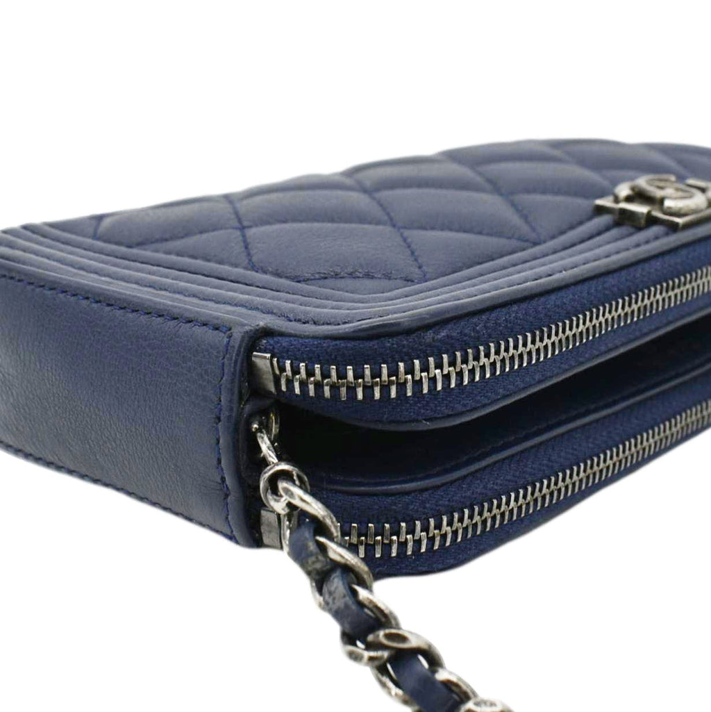 CHANEL Boy Double Zip Wallet on Chain Leather Crossbody Bag Navy Blue