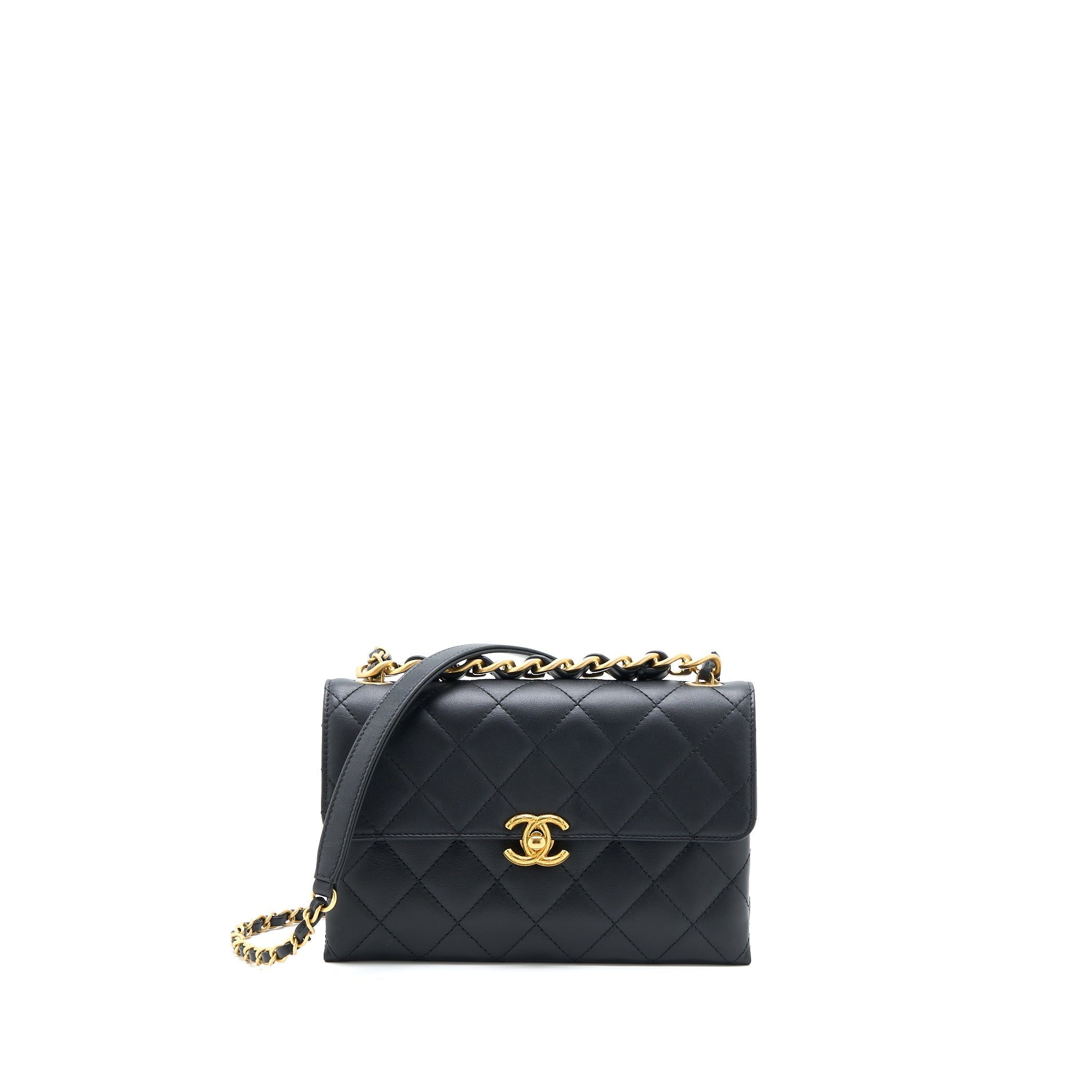 Chanel Handle Flap Bag Calfskin Black Brushed  (Microchip)