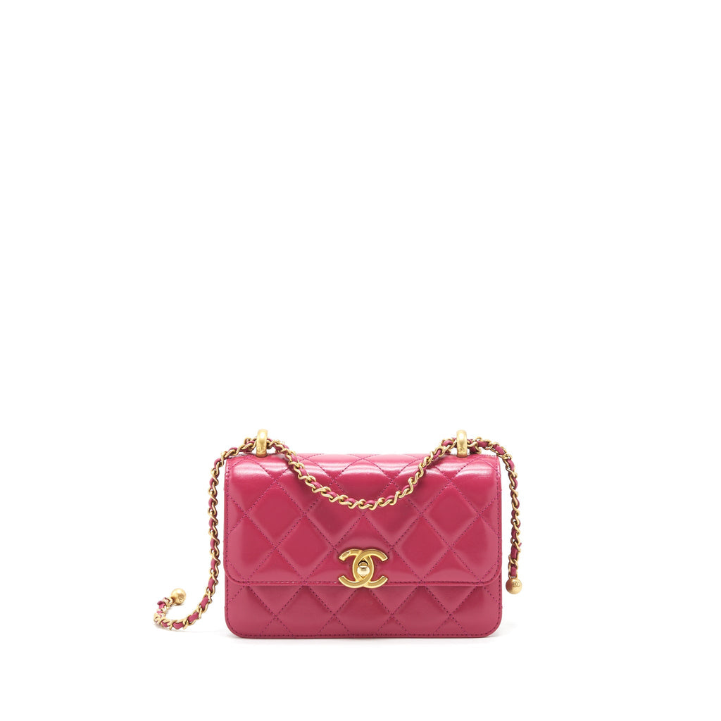 Chanel 21A Small Gold Crush Flap Bag With Chain Calfskin Raspberry Pink