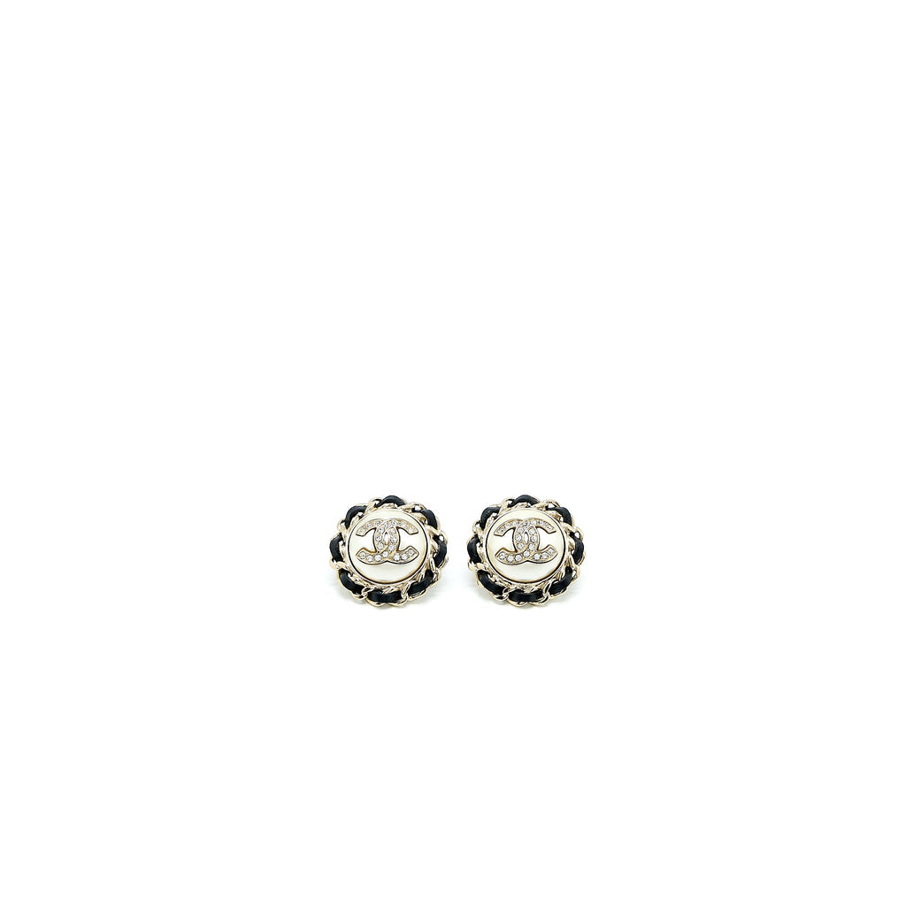 Chanel Giant Round CC Logo Earring Leather Chain/Crystal Light Gold Tone