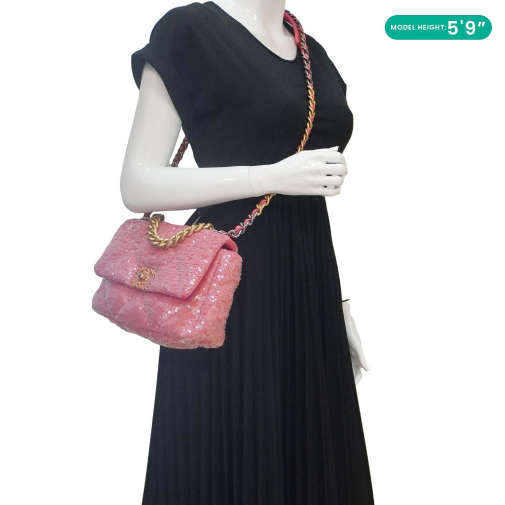CHANEL 19 Medium Flap Quilted Sequin Shoulder Bag Hot Pink