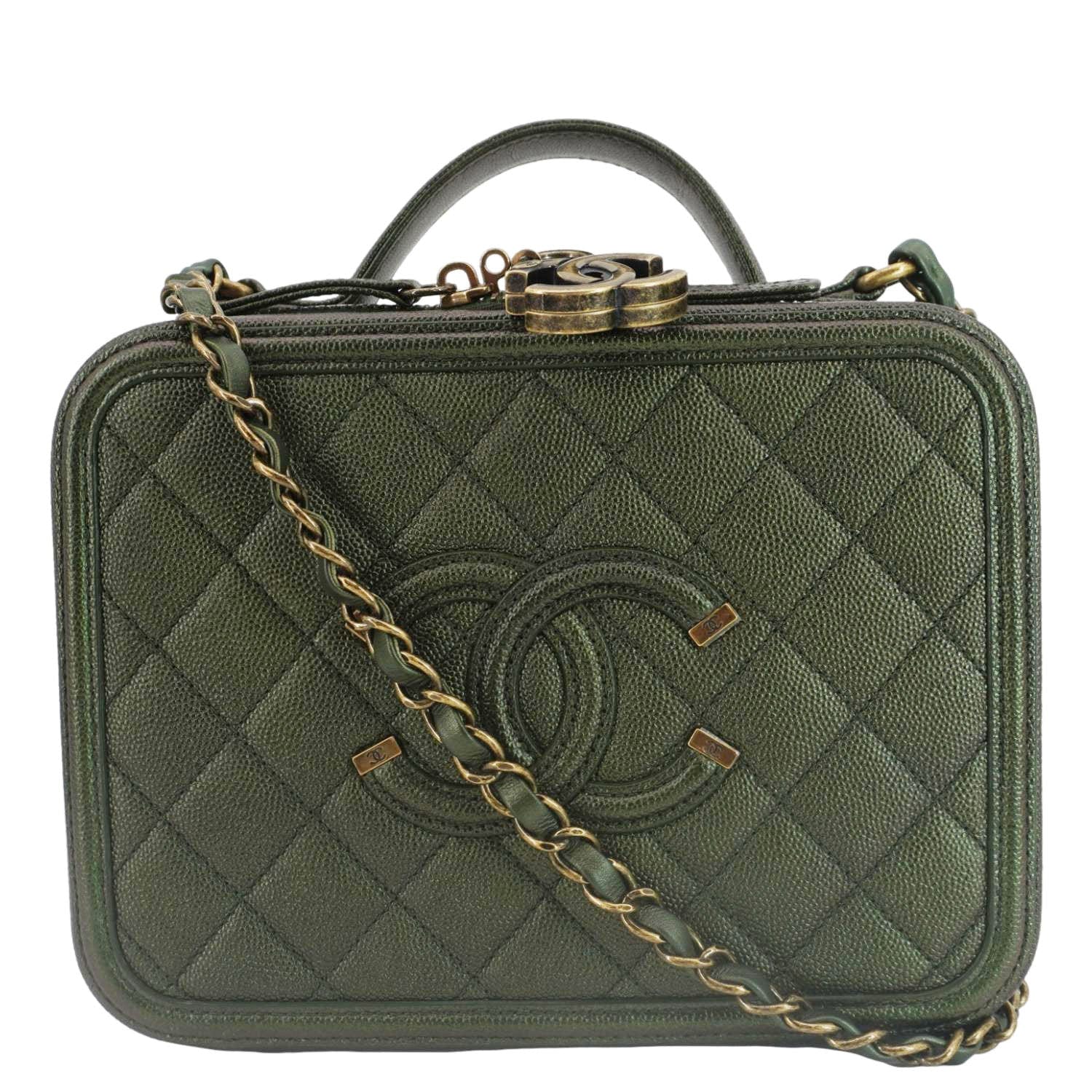 CHANEL Vanity Case Filigree CC Iridescent Quilted Caviar Leather Shoulder Bag Green