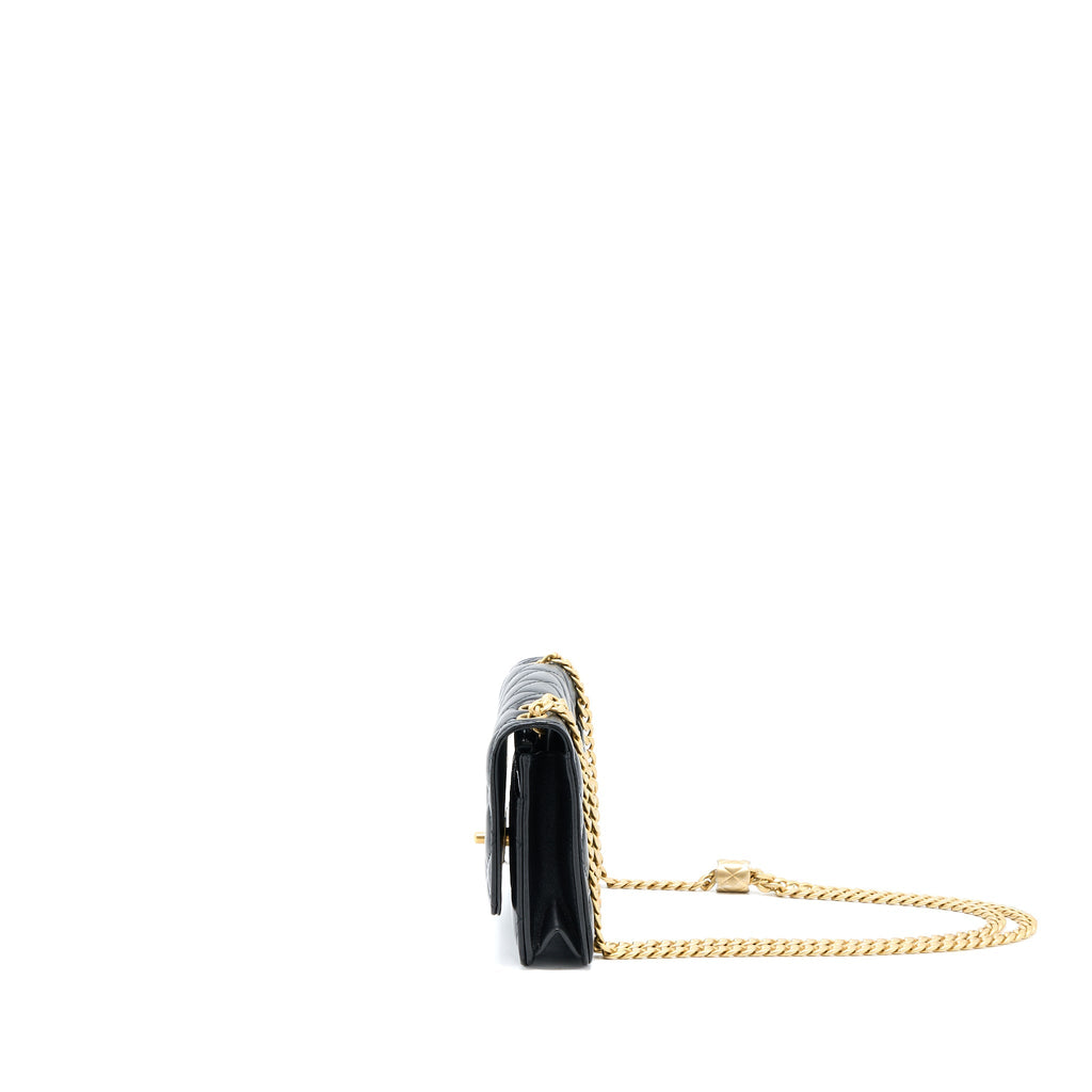 Chanel 22K Gold Pillar Wallet On Chain Lambskin Black Brushed (Microchip)