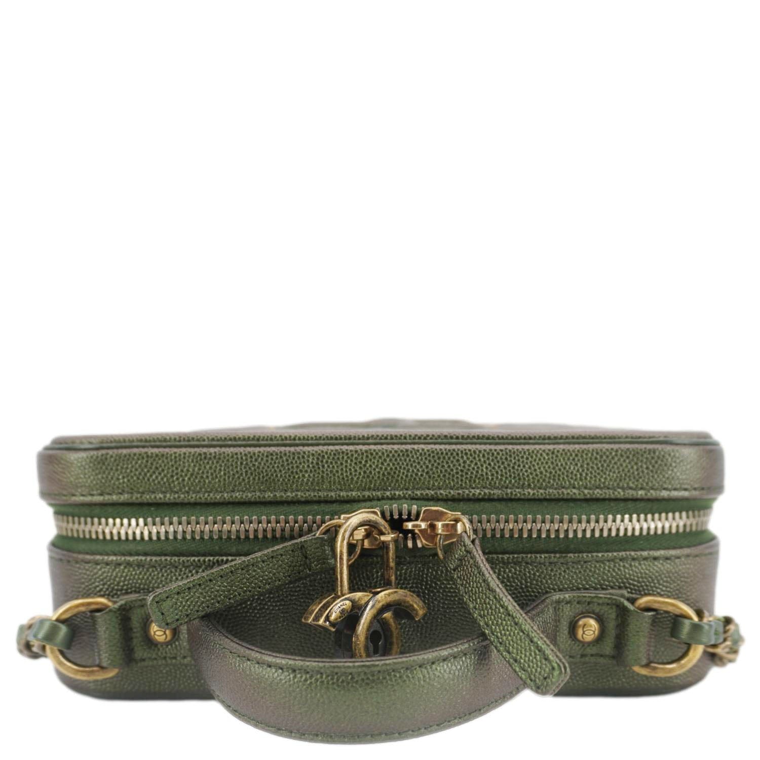 CHANEL Vanity Case Filigree CC Iridescent Quilted Caviar Leather Shoulder Bag Green