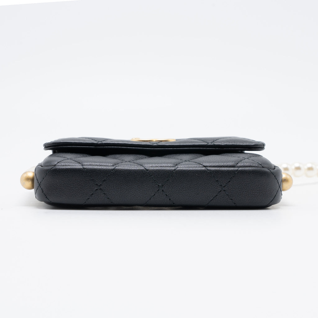 Chanel Pearl Chain Mini Flap Bag Lambskin Black Brushed