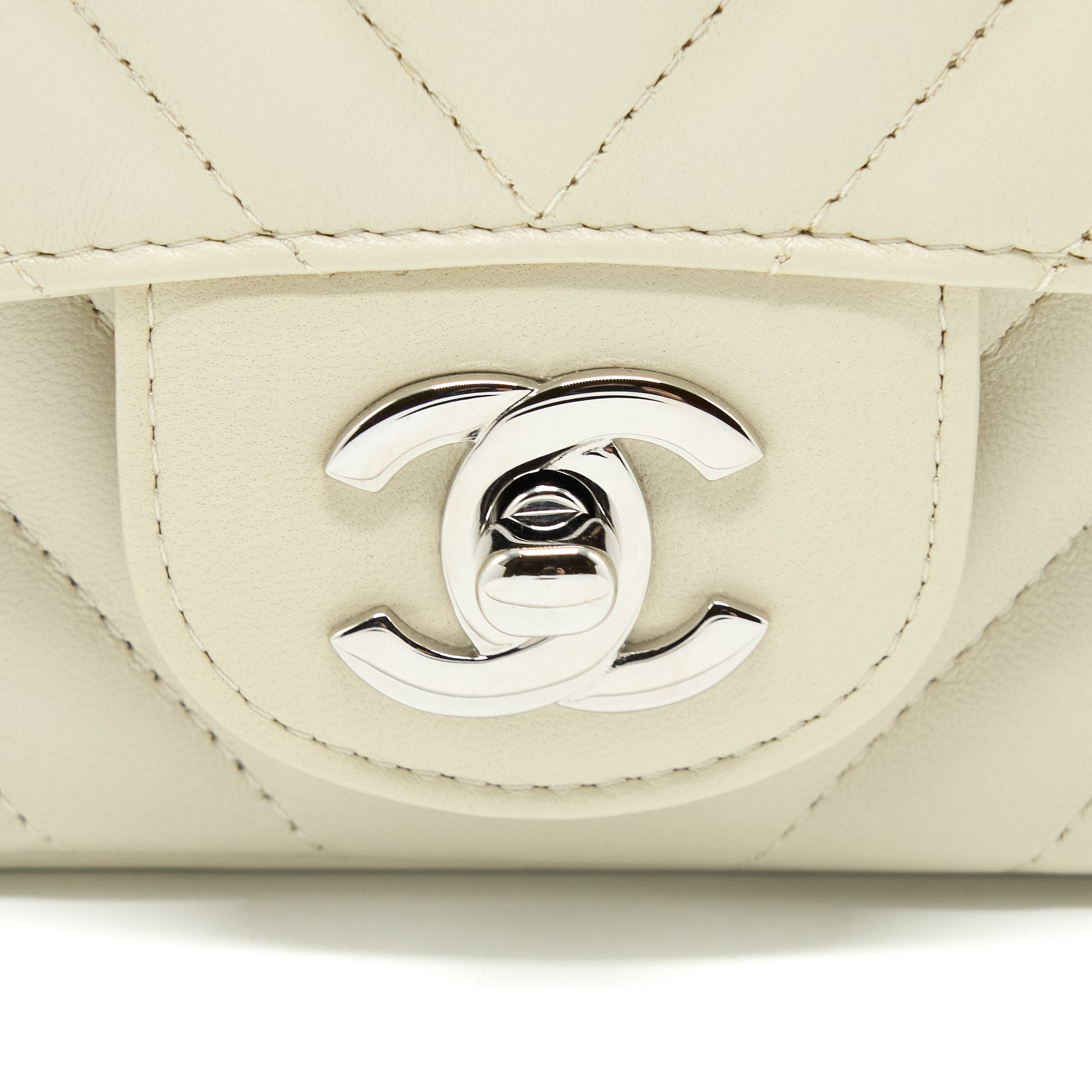 Chanel 21c Mini Square Flap Bag Chevron Lambskin Beige