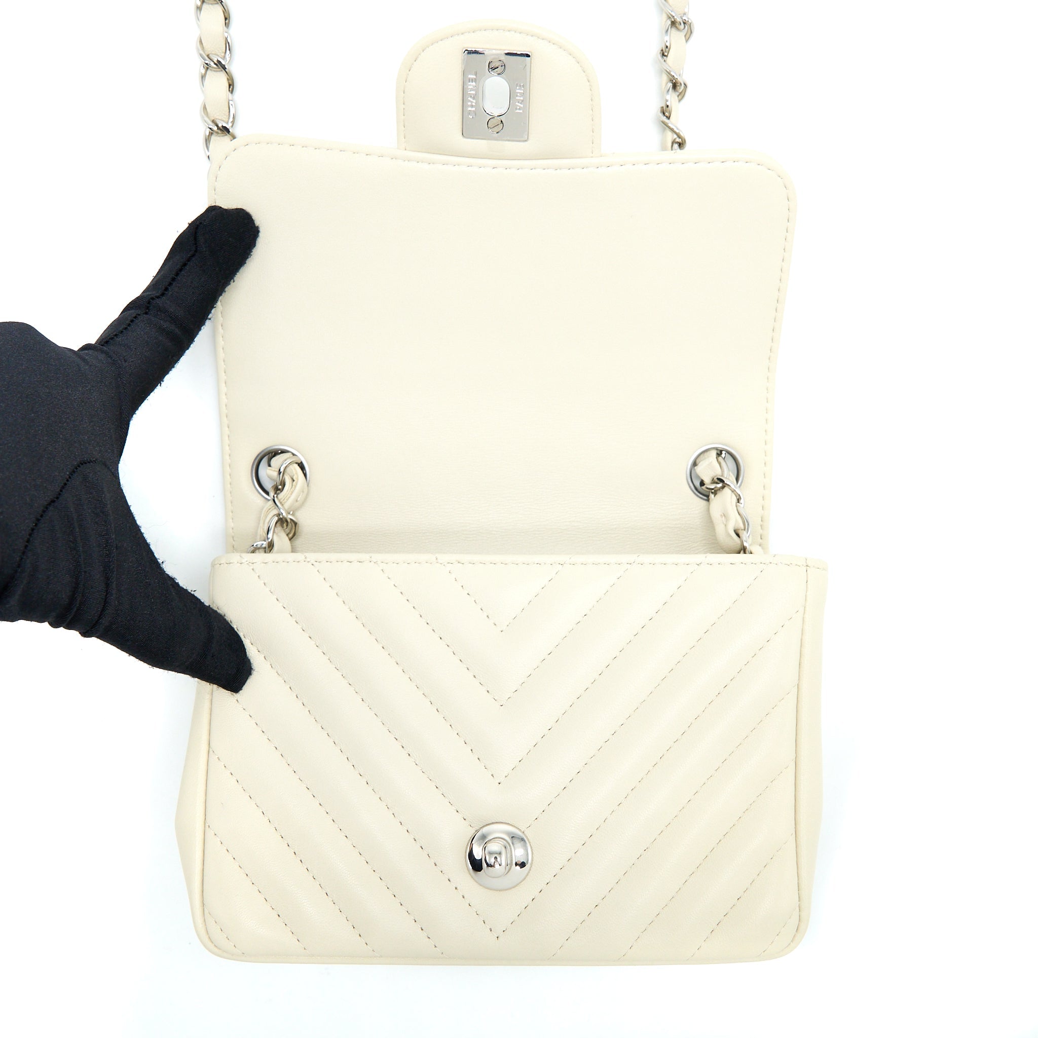 Chanel 21c Mini Square Flap Bag Chevron Lambskin Beige