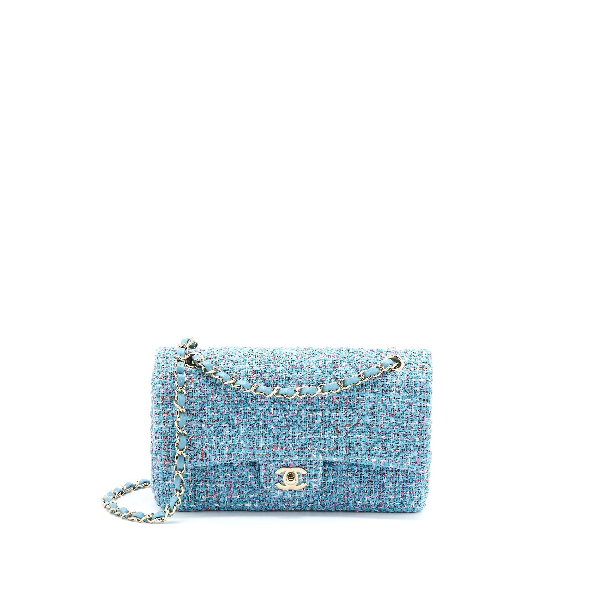 Chanel Tweed Medium Classic Double Flap Bag Light Blue L