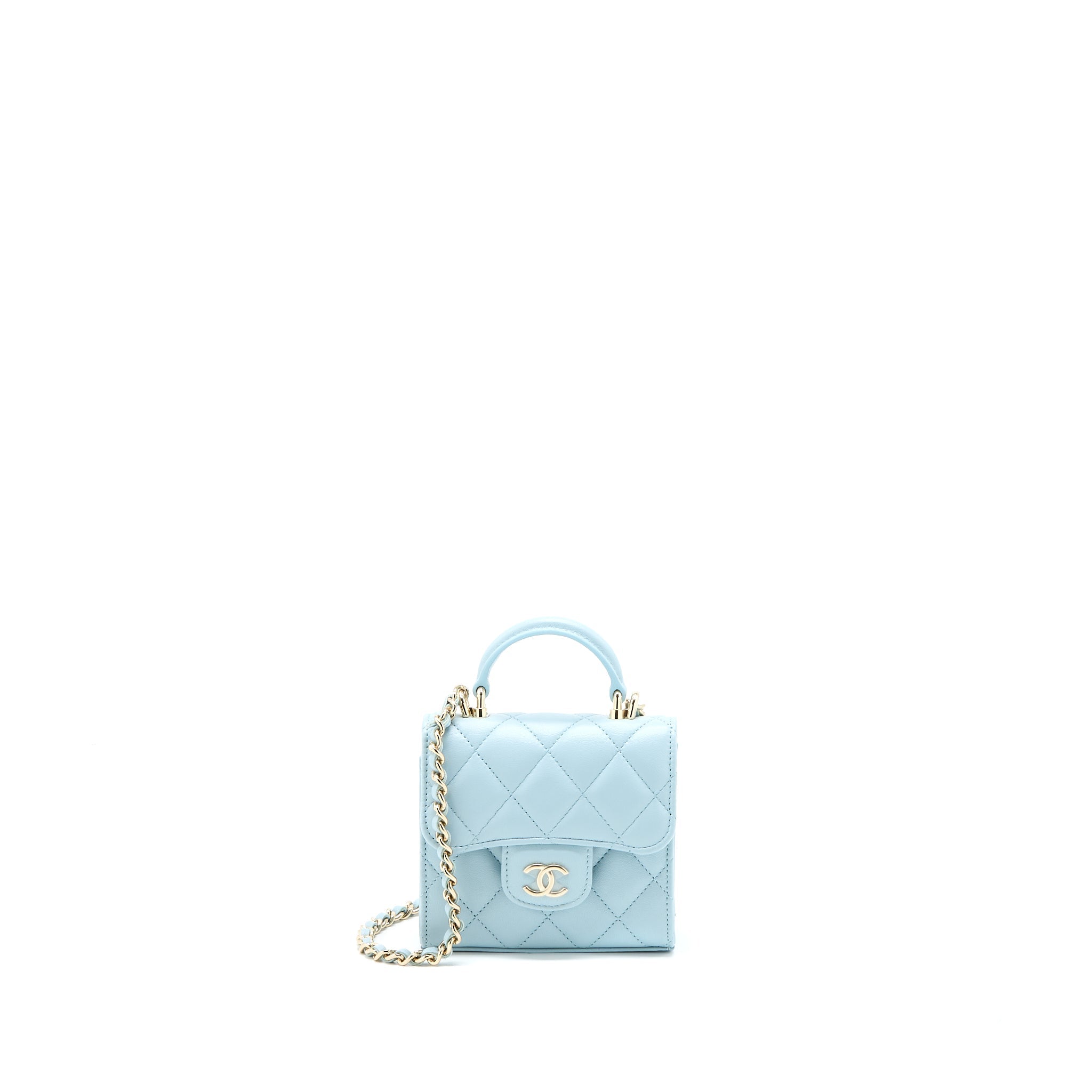 Chanel Top Handle Mini Flap Bag Lambskin Light Blue L