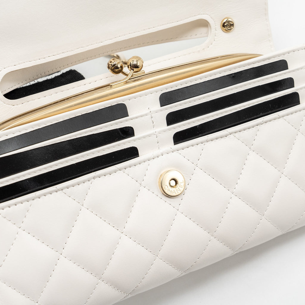 Chanel Top Handle Flap Wallet with chain Lambskin White L (Microchip)
