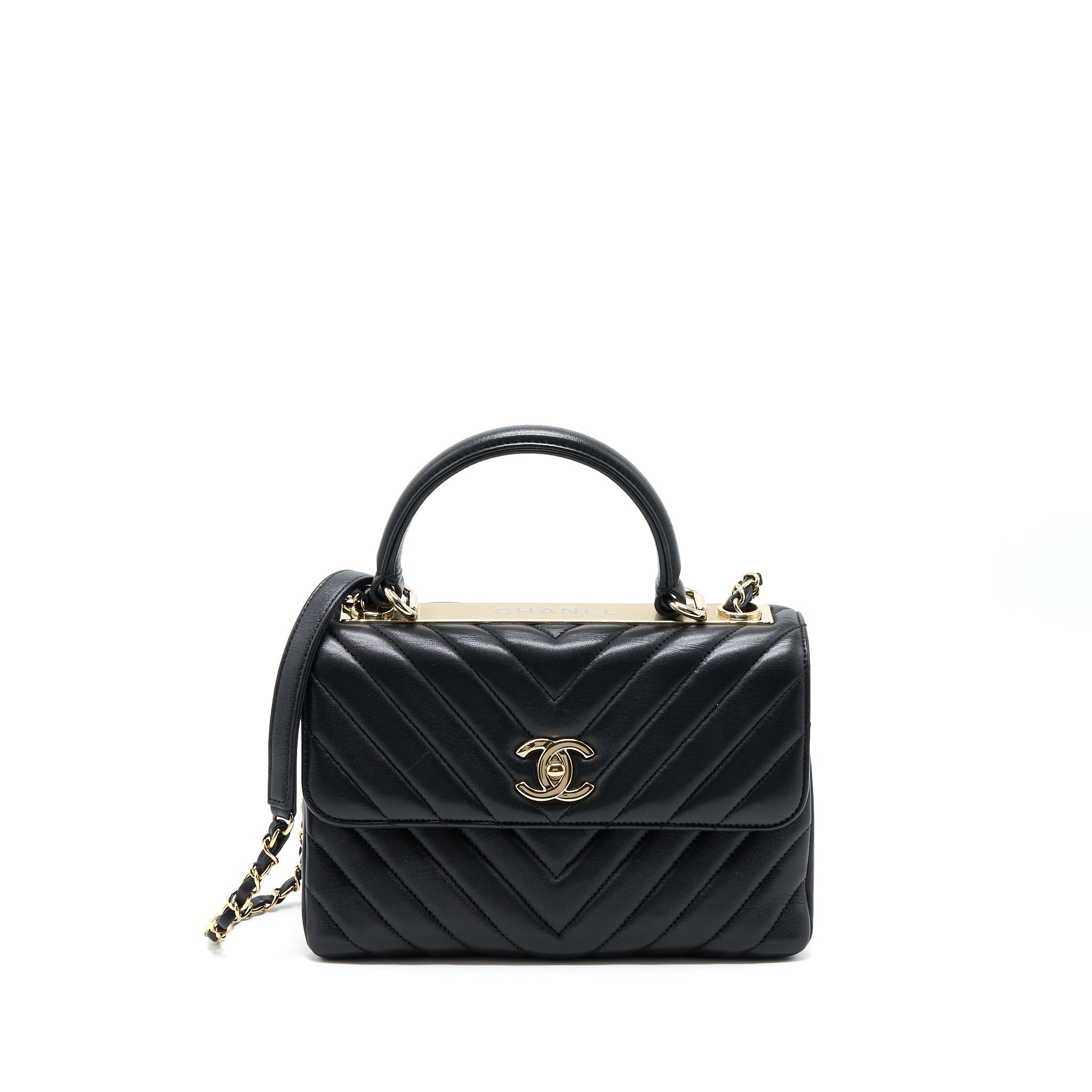 Chanel Chevron Trendy CC Top Handle Flap Bag Lambskin Black L