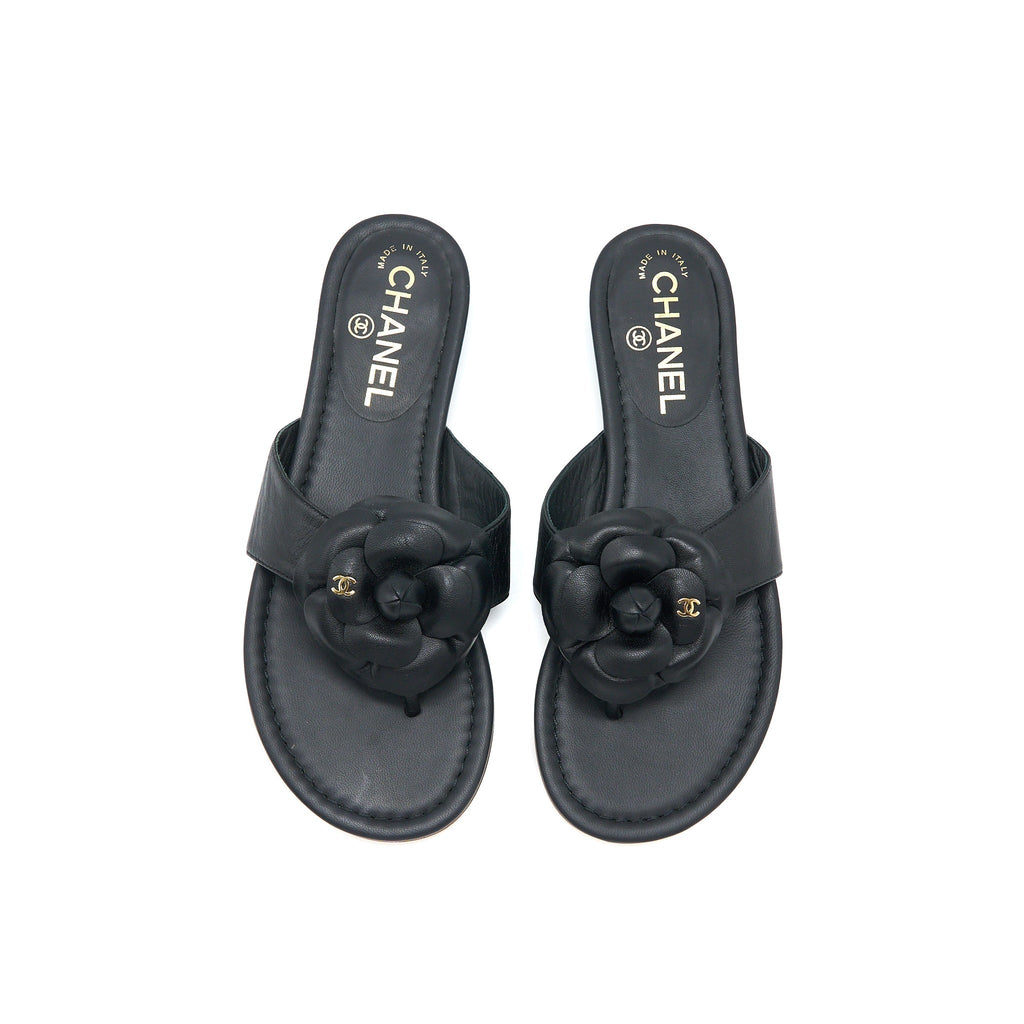 Chanel Size 36 Camelia Sandal Black Gold Tone
