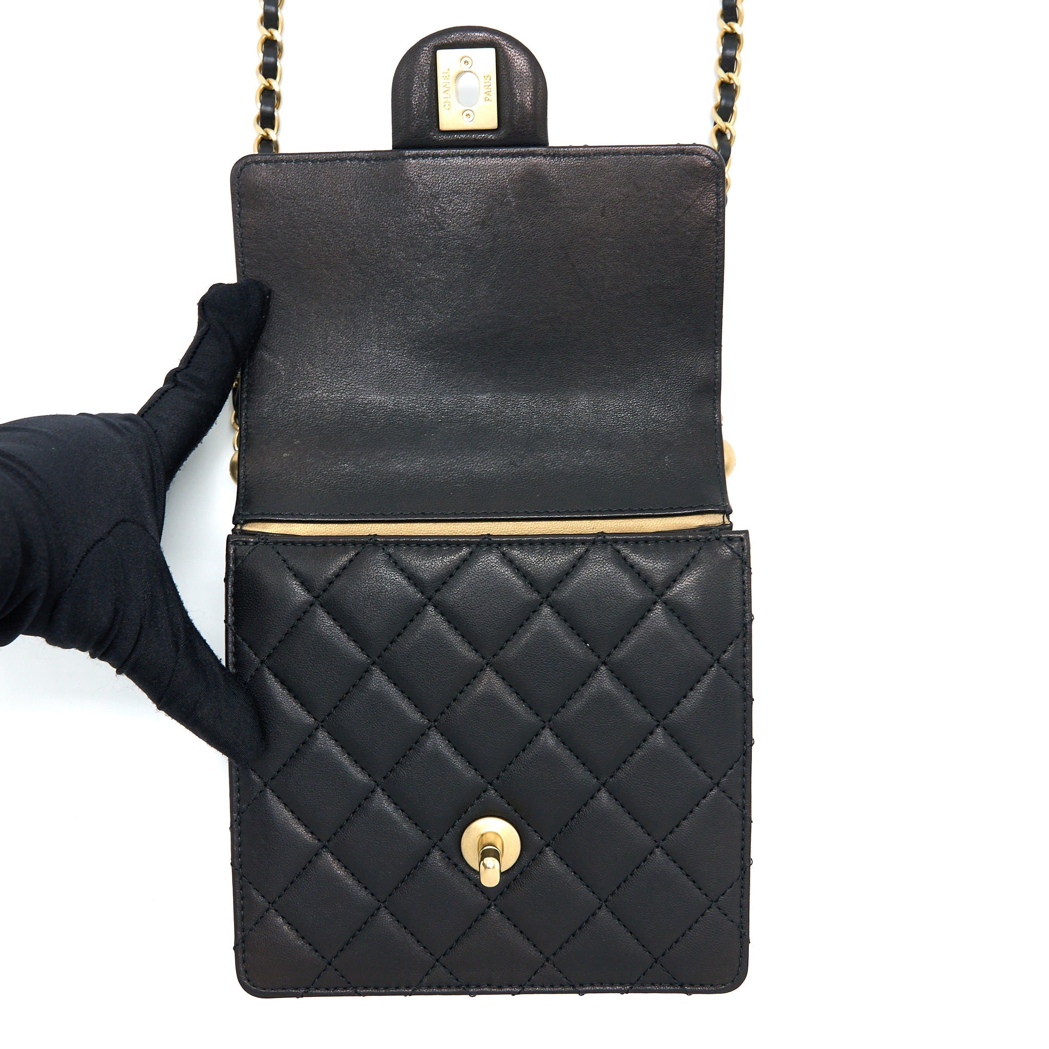 Chanel Vertical Pearl Flap Bag Goatskin Black Brushed
