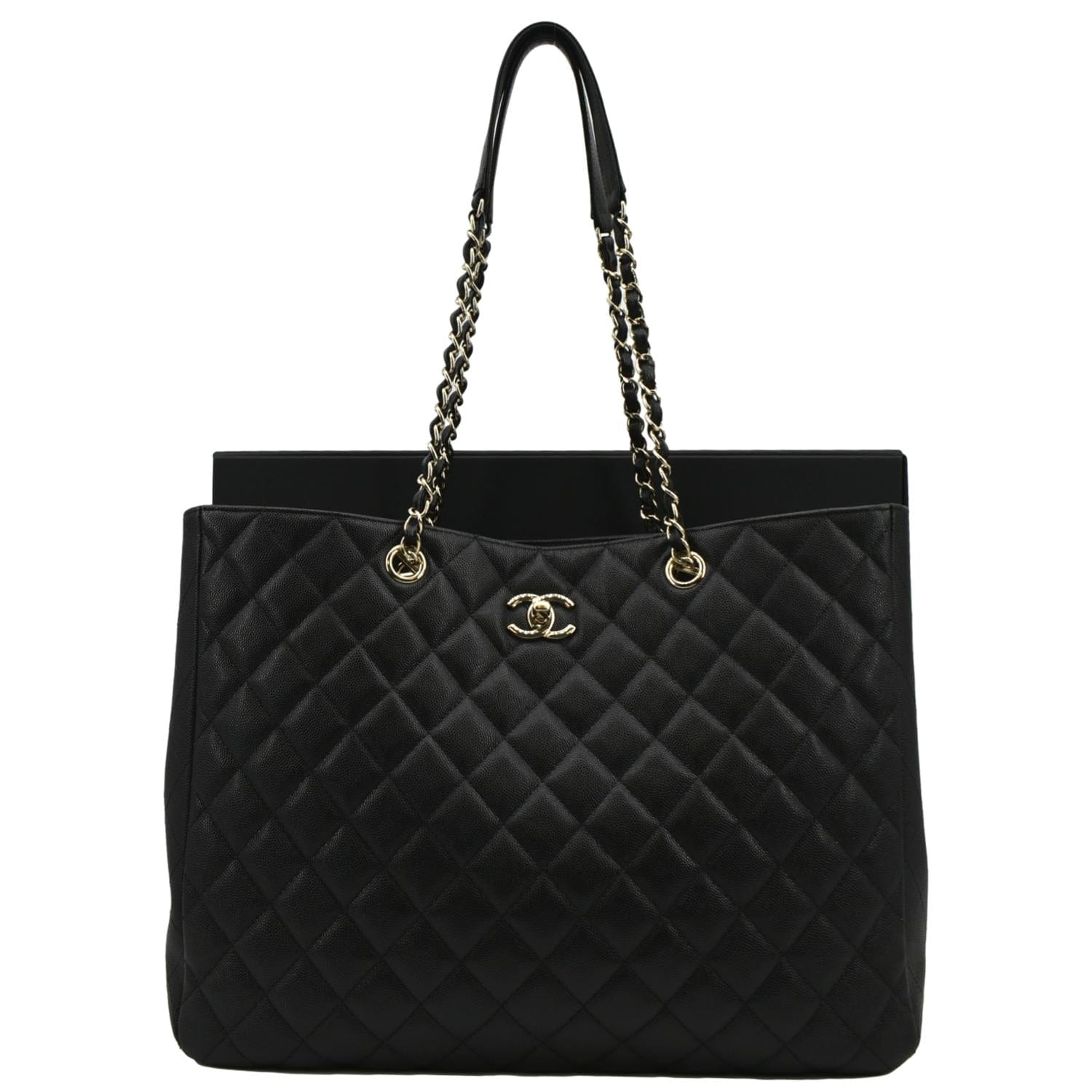 CHANEL Large CC Quilted Leather Tote Shoulder Bag Black