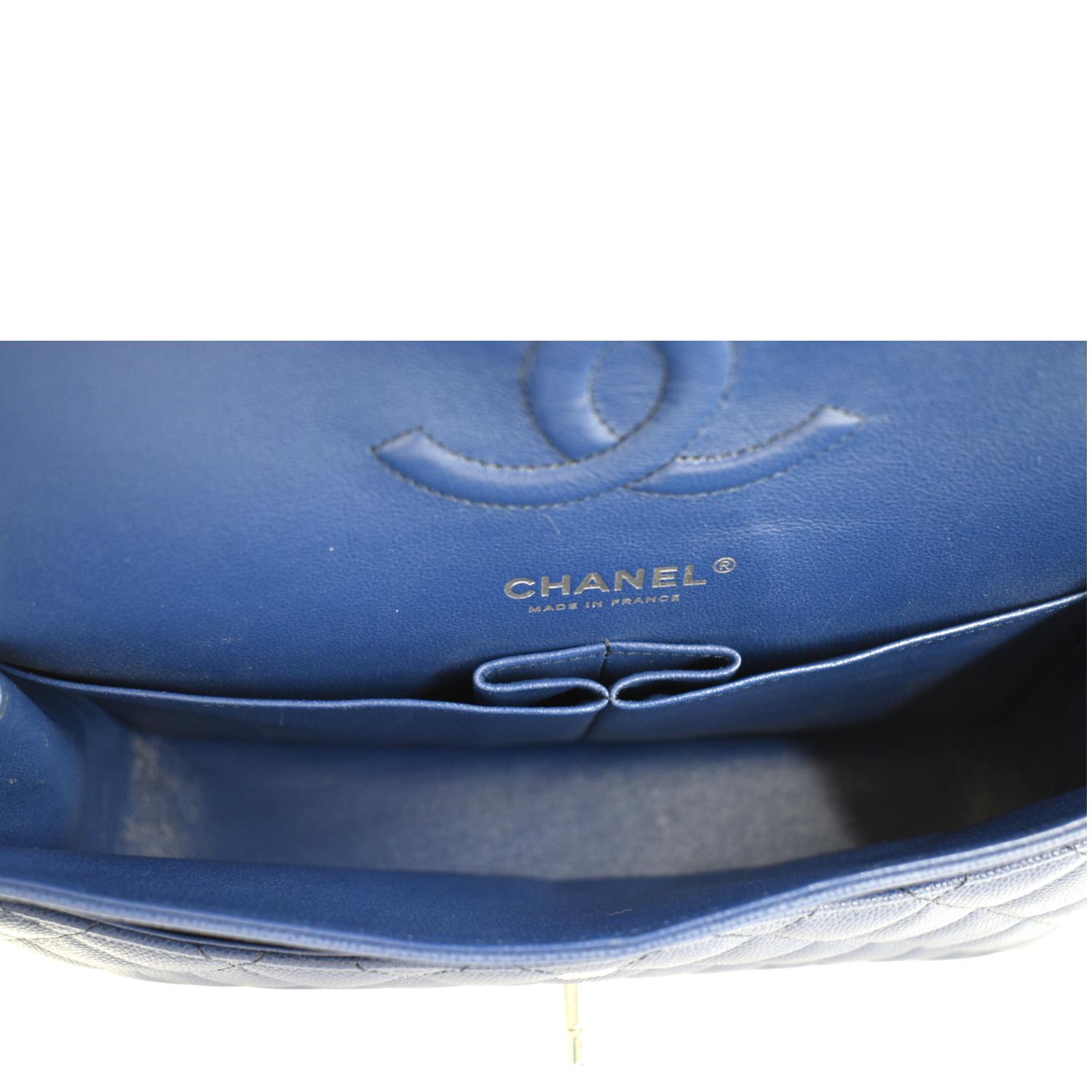 CHANEL Classic Medium Flap Quilted Caviar Leather Shoulder Bag Blue