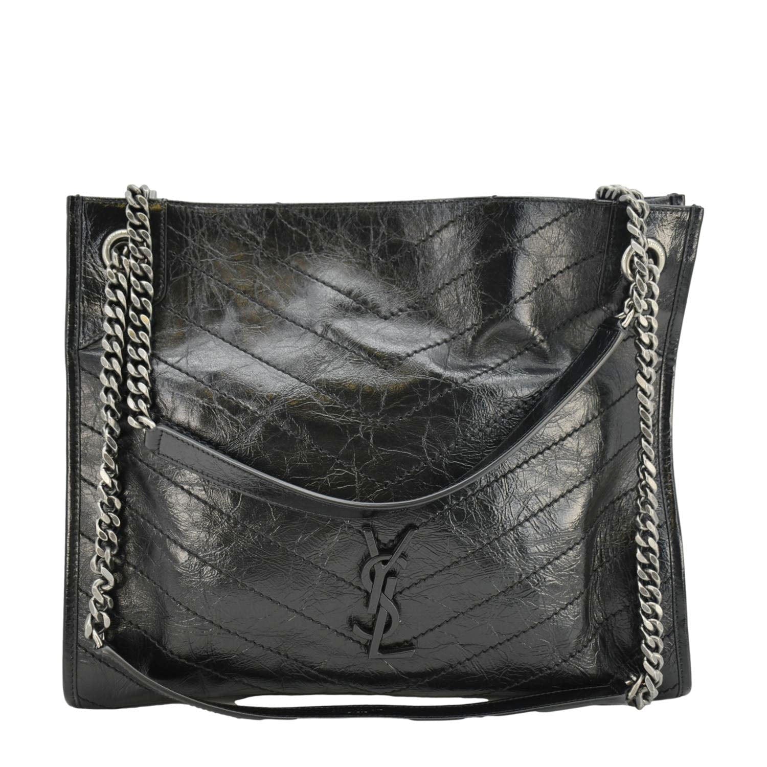 YVES SAINT LAURENT Niki  Crinkle Leather Shopper Tote Bag Black