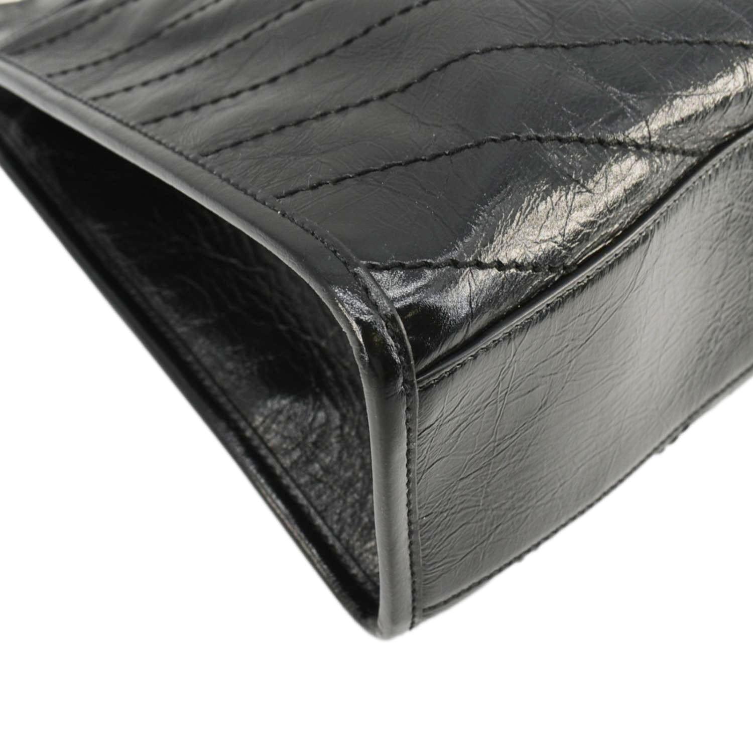 YVES SAINT LAURENT Niki  Crinkle Leather Shopper Tote Bag Black