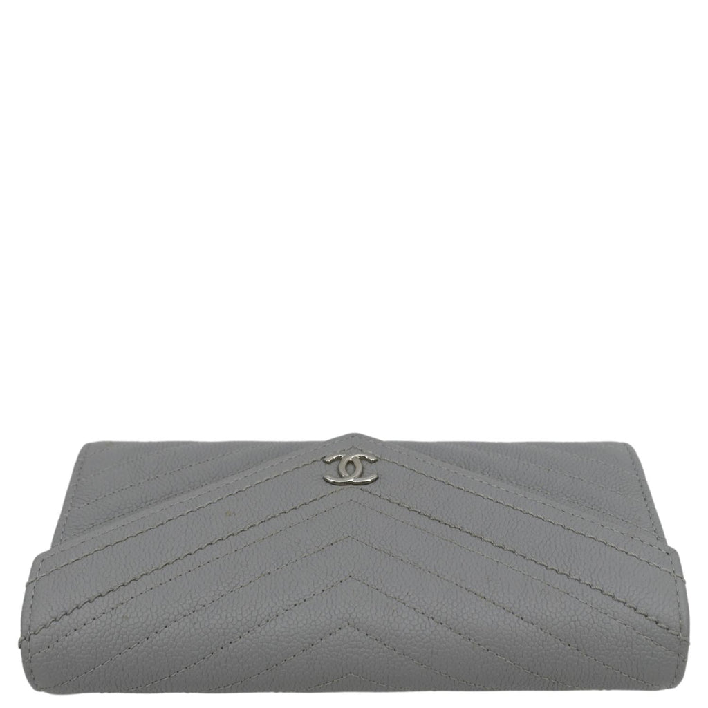 CHANEL Long Flap Quilted Chevron Caviar Wallet Light Grey