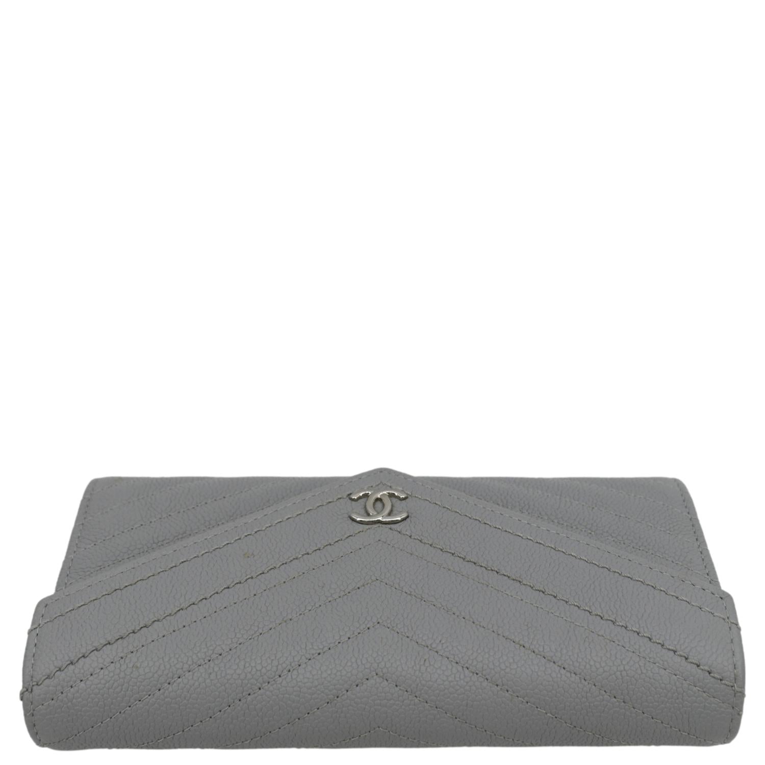 CHANEL Long Flap Quilted Chevron Caviar Wallet Light Grey