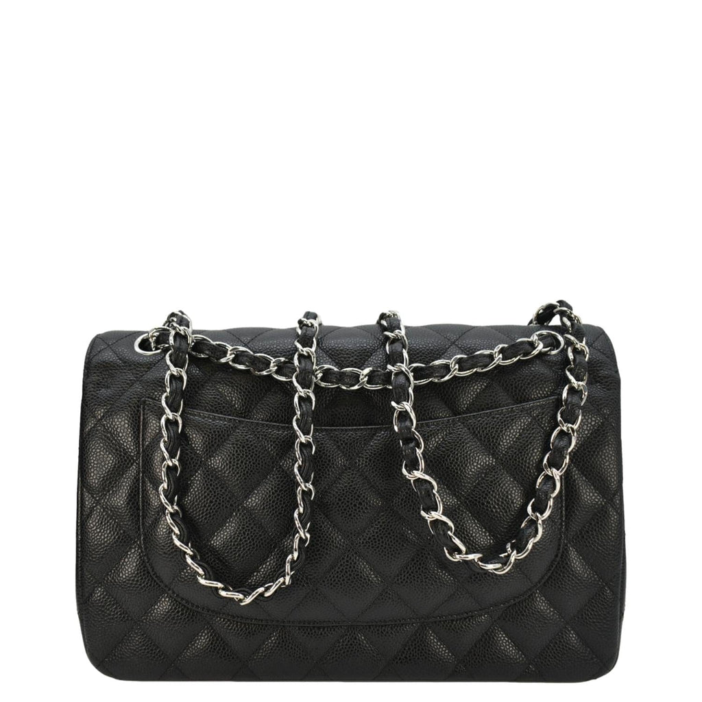 CHANEL Classic Jumbo  Double Flap Quilted Caviar Leather Shoulder Bag Black