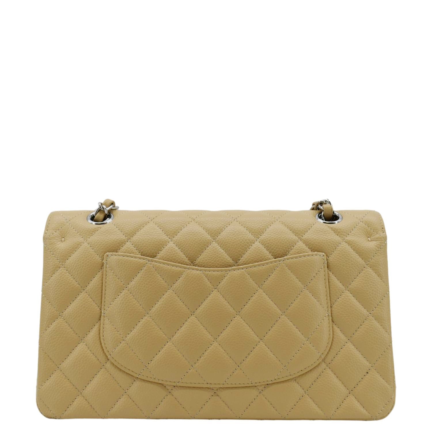 CHANEL Classic Double Flap Medium Quilted Caviar Leather Shoulder Bag Beige