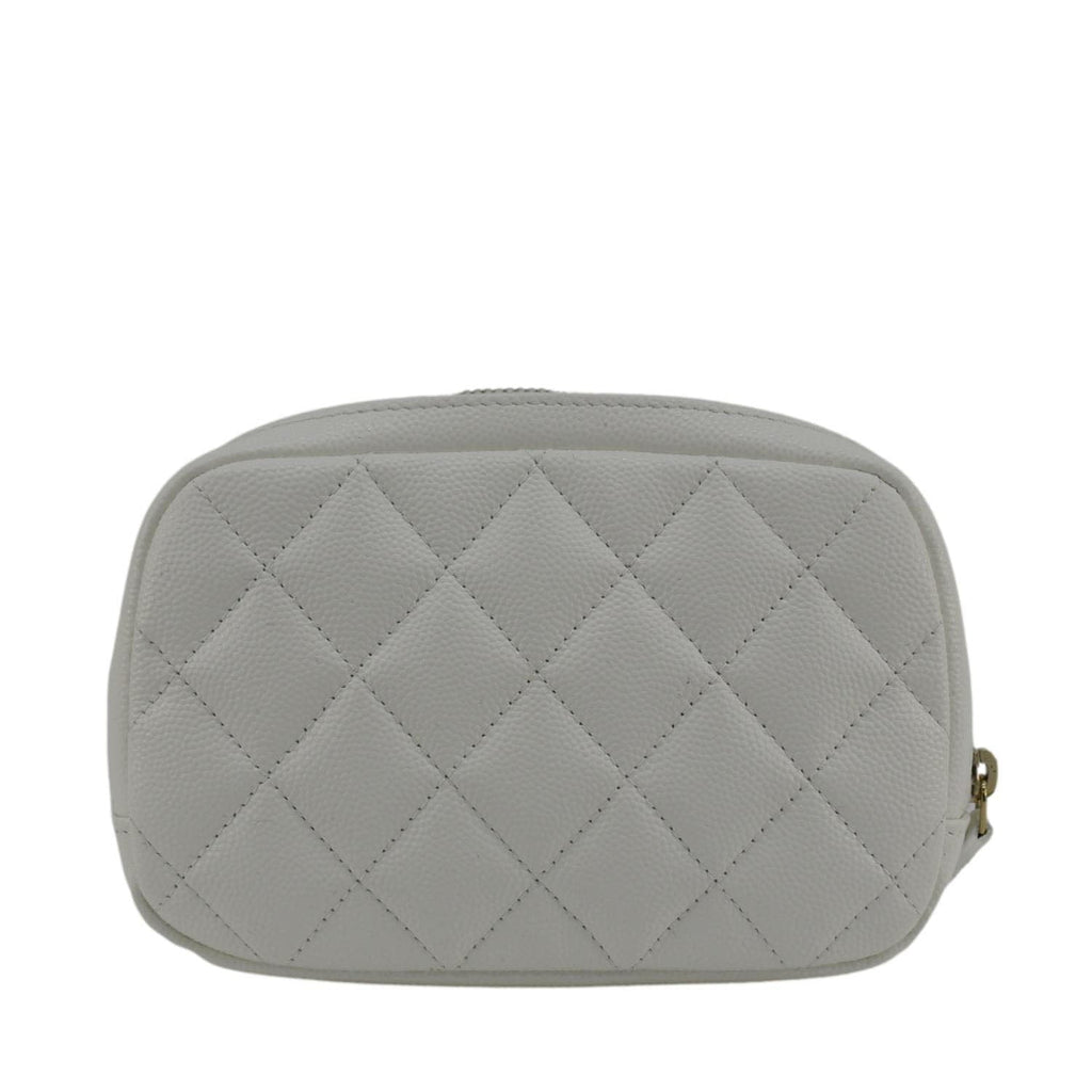 CHANEL Curvy Small Quilted Caviar Leather Cosmetic Pouch White