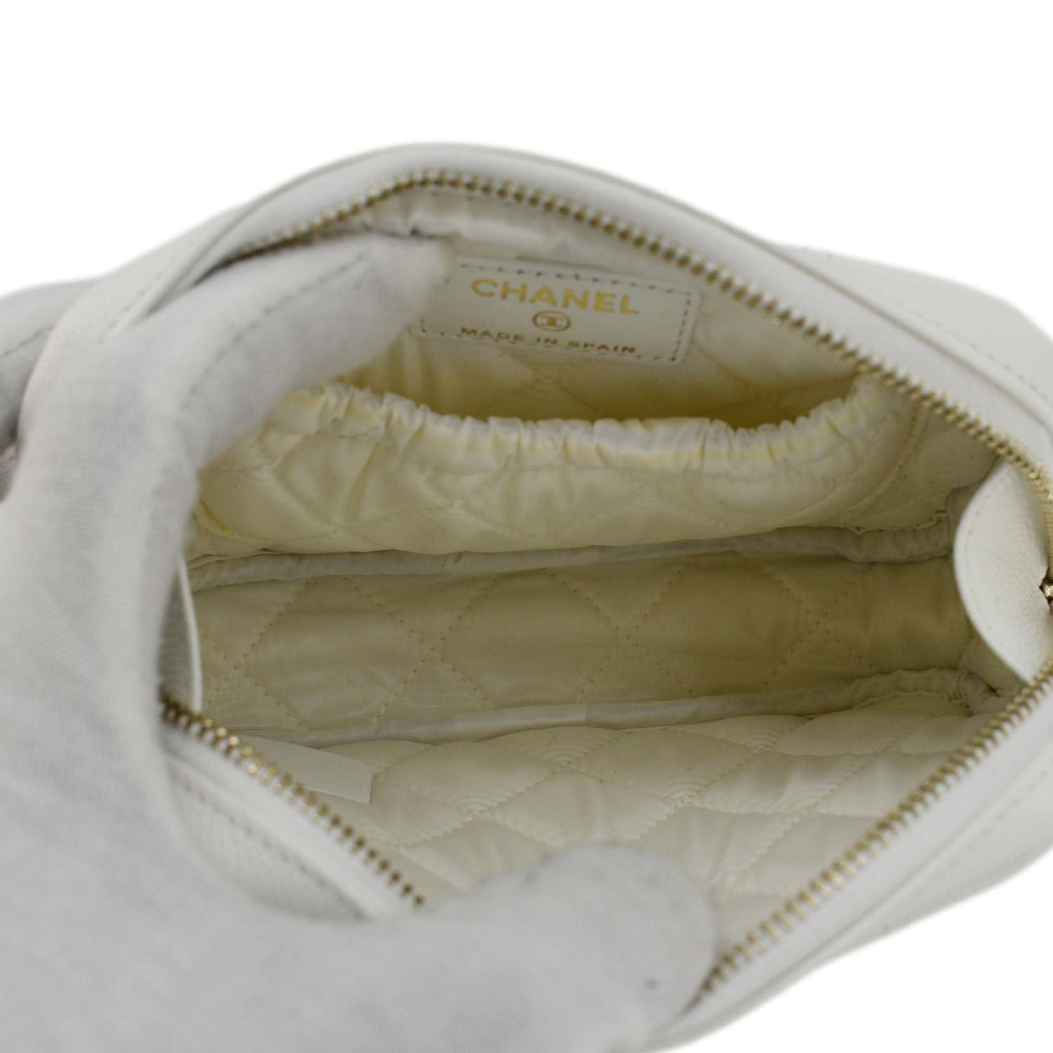 CHANEL Curvy Small Quilted Caviar Leather Cosmetic Pouch White