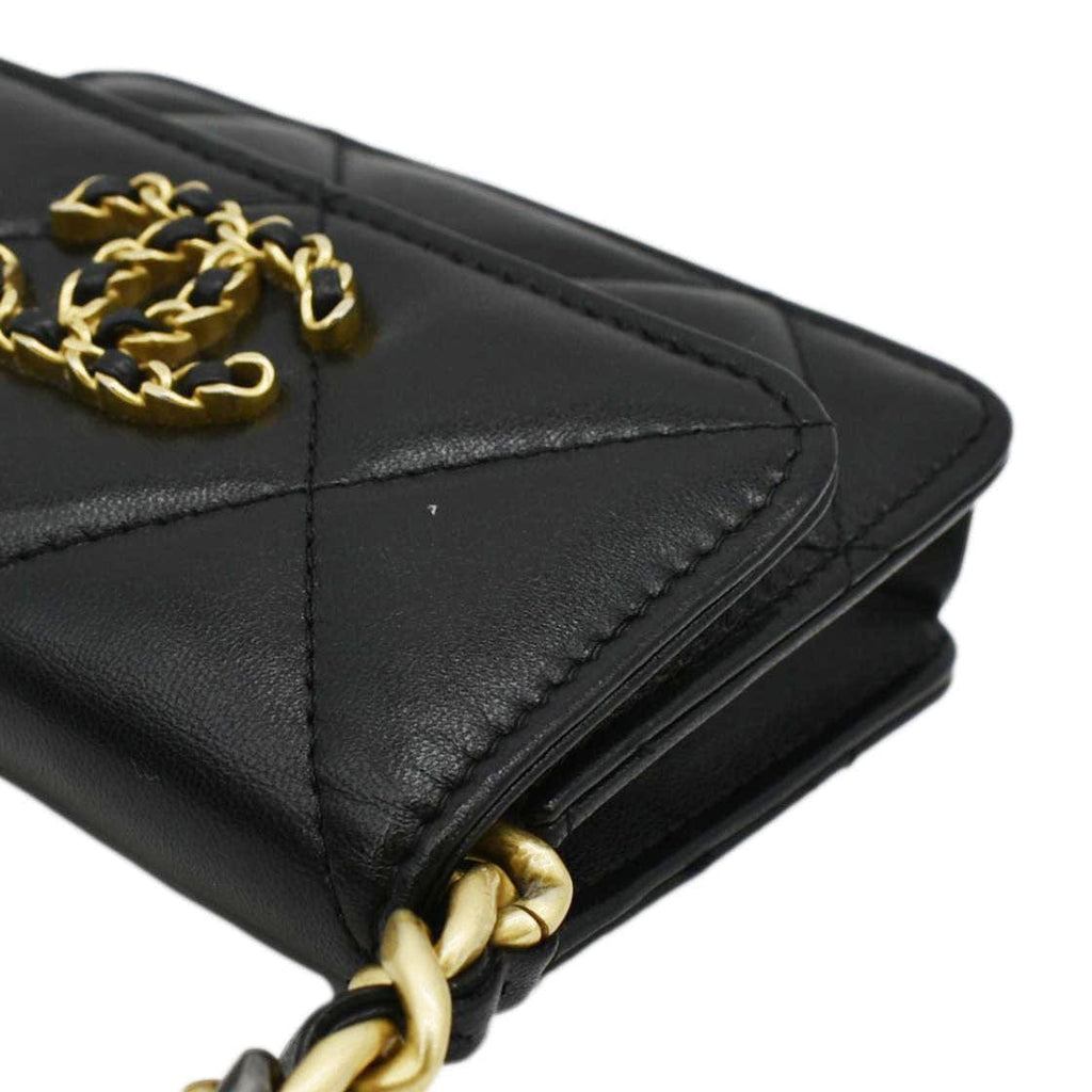 CHANEL 19 Flap Coin Purse Quilted Leather Chain Shoulder Bag Black