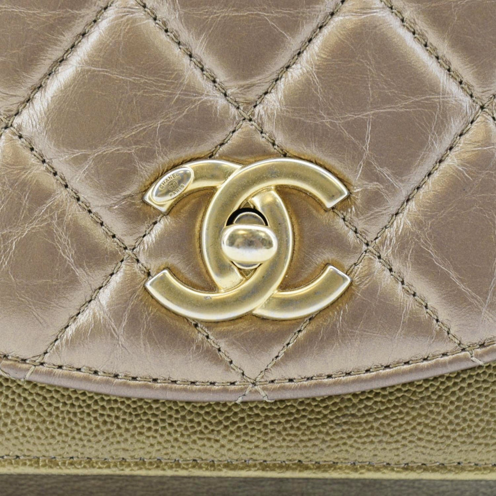 CHANEL Chain Handle Flap Quilted Metallic Calfskin Caviar Crossbody Bag Chrome