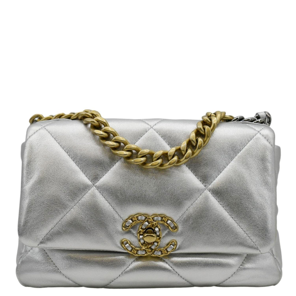 CHANEL 19 Medium Flap Quilted Leather Shoulder Bag Metallic Silver