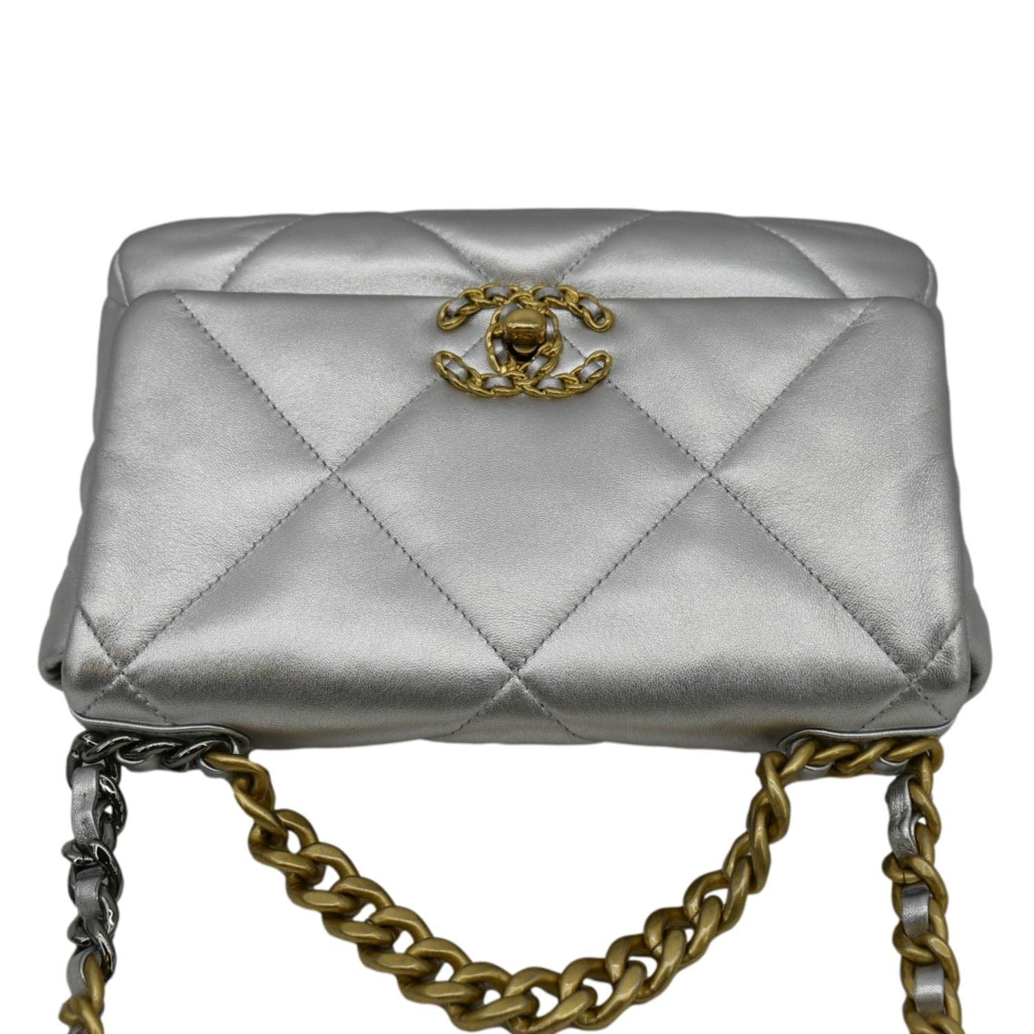 CHANEL 19 Medium Flap Quilted Leather Shoulder Bag Metallic Silver