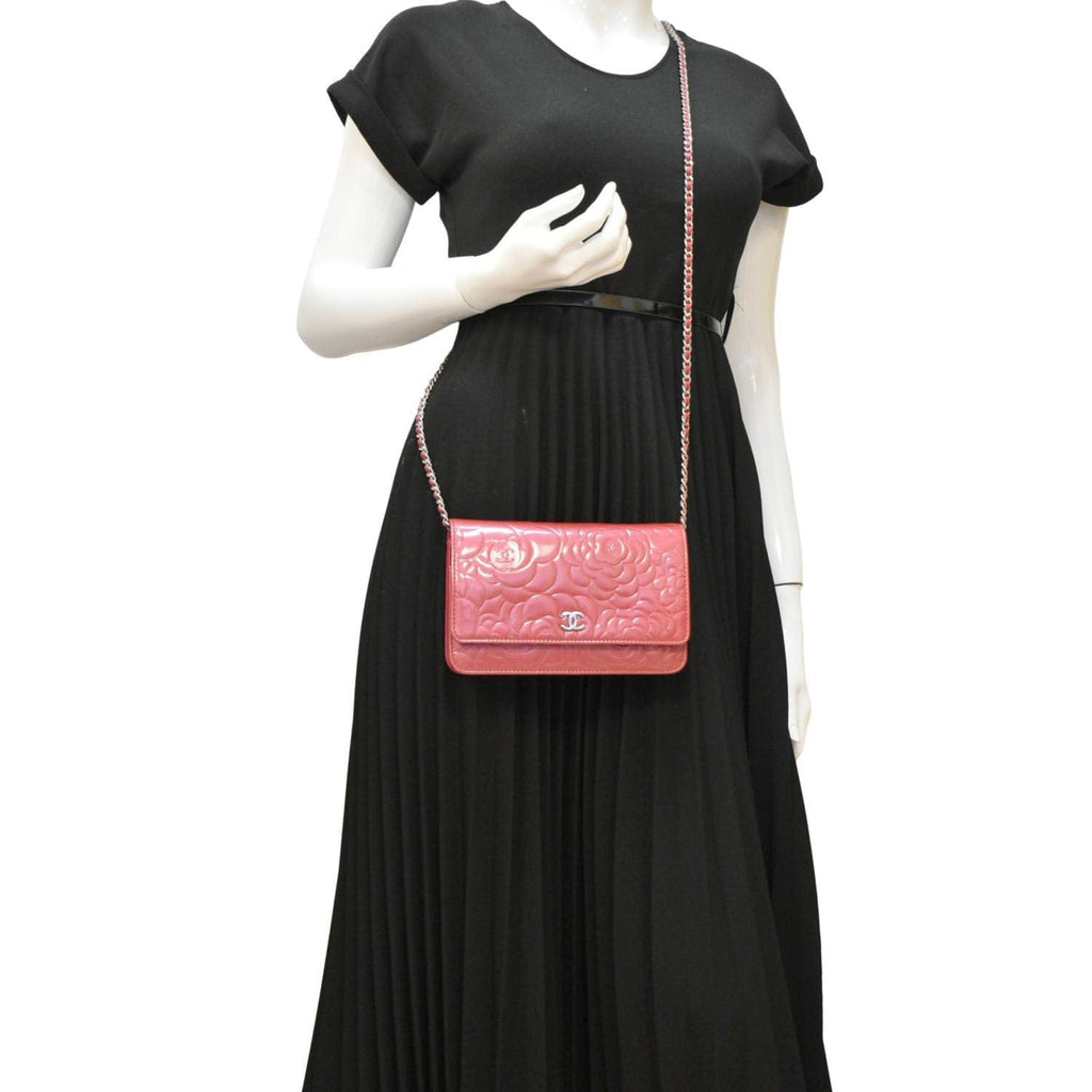 CHANEL Camellia Wallet On Chain Leather Crossbody Bag Pink