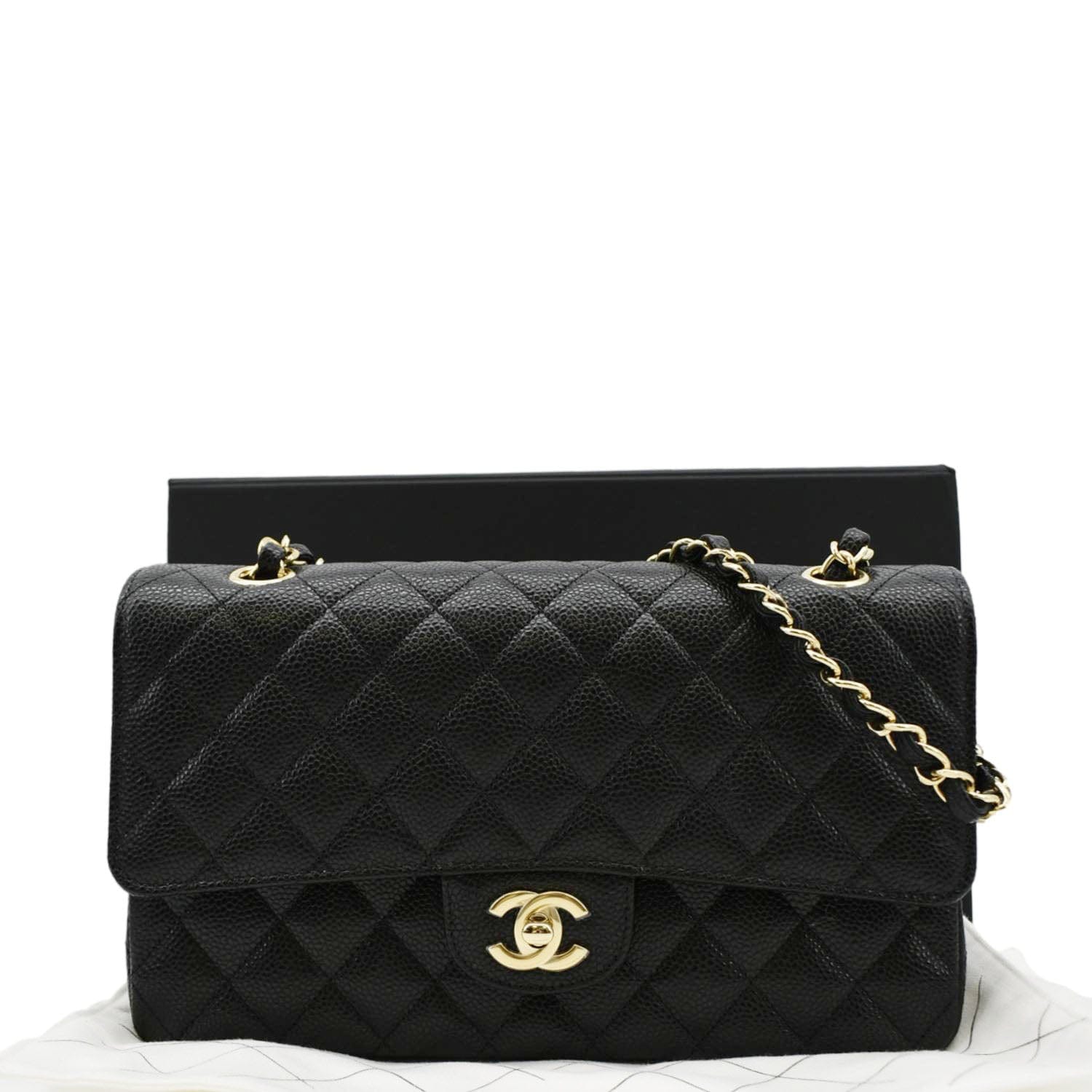 CHANEL Classic Medium Flap Quilted Caviar Leather Shoulder Bag Black