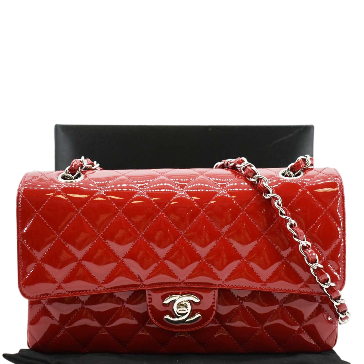 CHANEL Classic Medium Double Flap Quilted Patent Leather Shoulder Bag Red