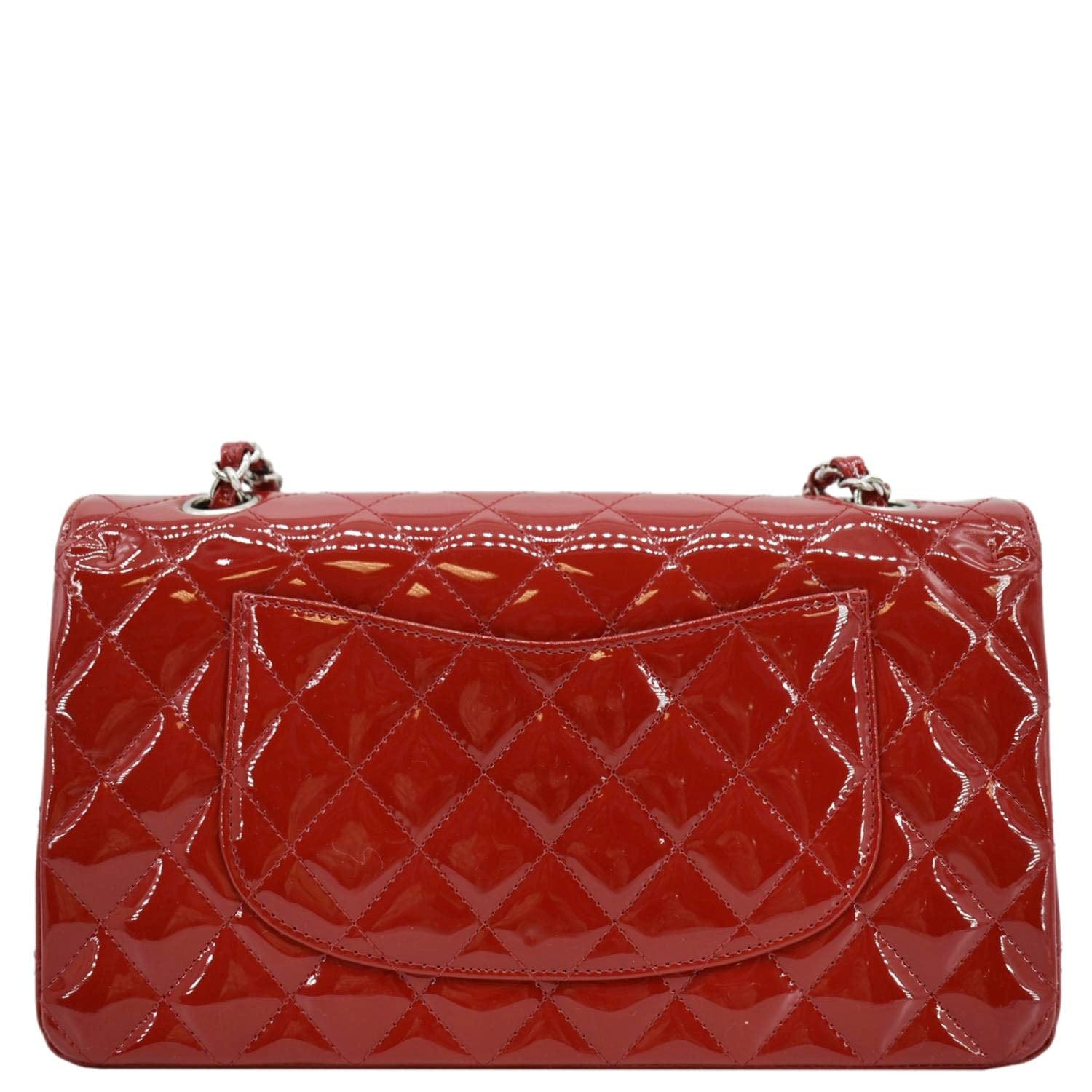 CHANEL Classic Medium Double Flap Quilted Patent Leather Shoulder Bag Red