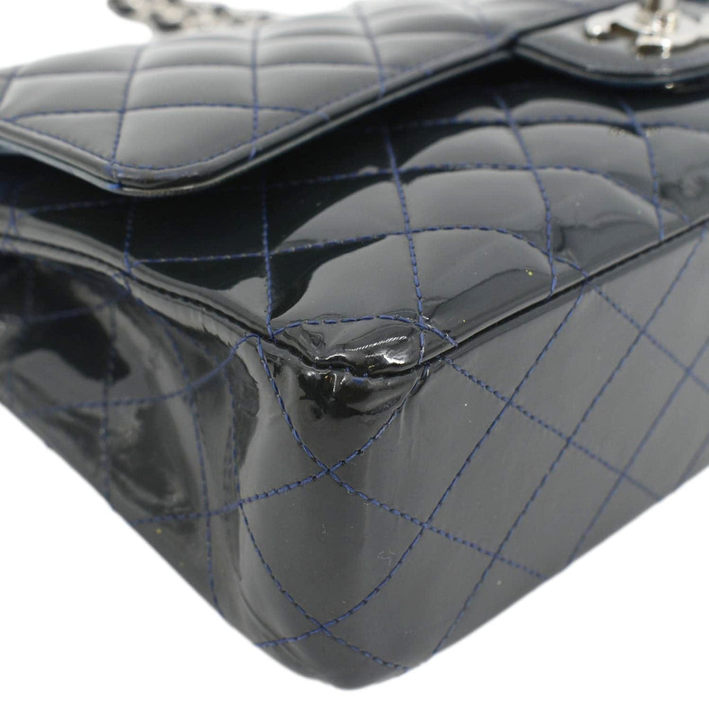 CHANEL Medium Double Flap Quilted Patent Leather Shoulder Bag Olive
