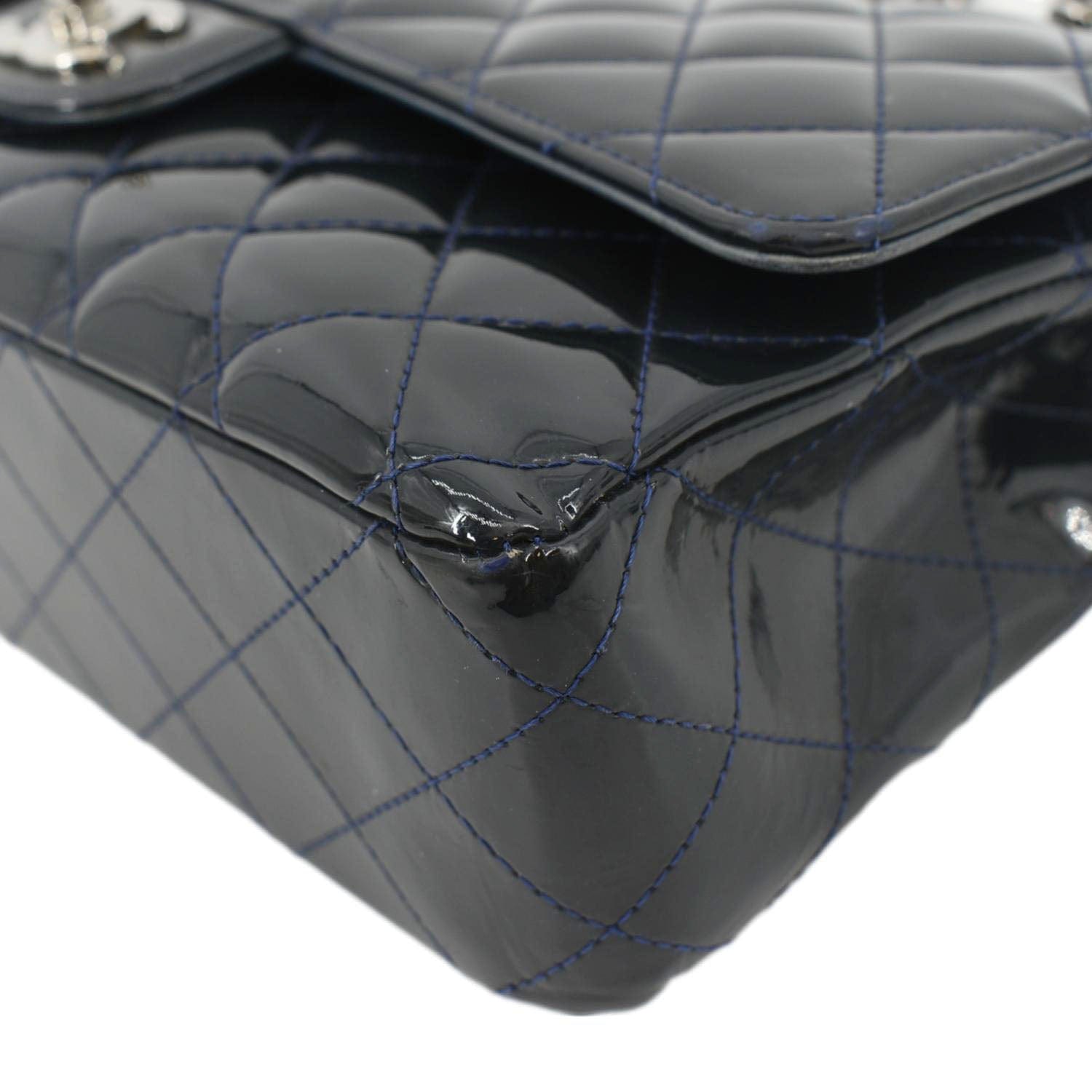 CHANEL Medium Double Flap Quilted Patent Leather Shoulder Bag Olive
