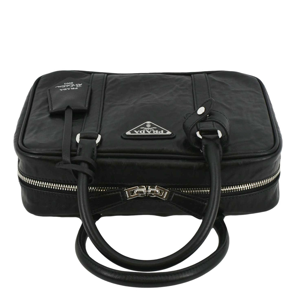 PRADA Re-edition 2001 Medium Antique Nappa Leather Shoulder Bag Black