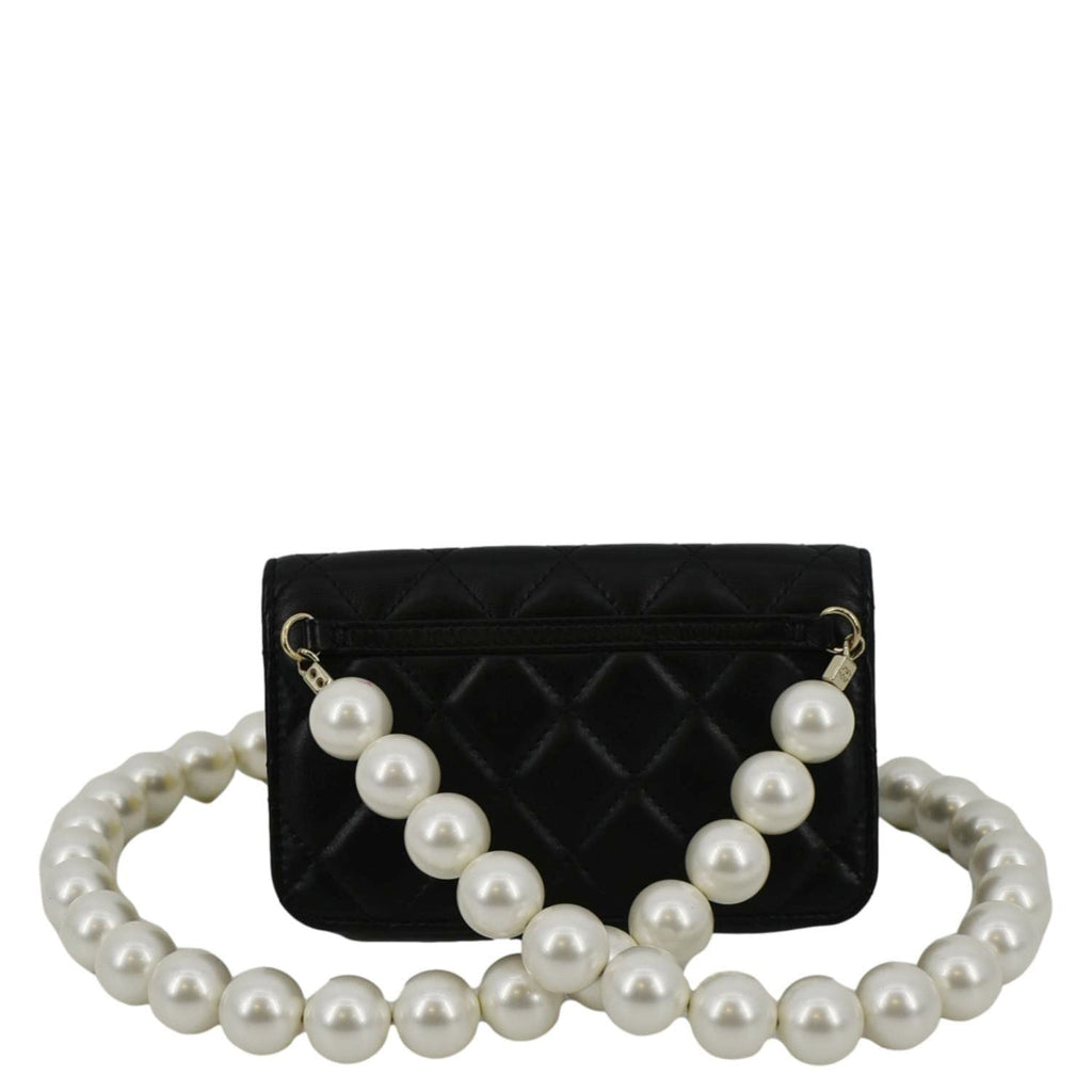 CHANEL Pearl Strap CC Mini Quilted Leather Wallet on Chain Shoulder Bag Black