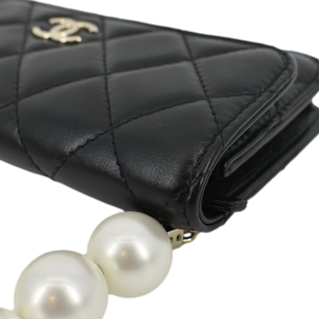 CHANEL Pearl Strap CC Mini Quilted Leather Wallet on Chain Shoulder Bag Black