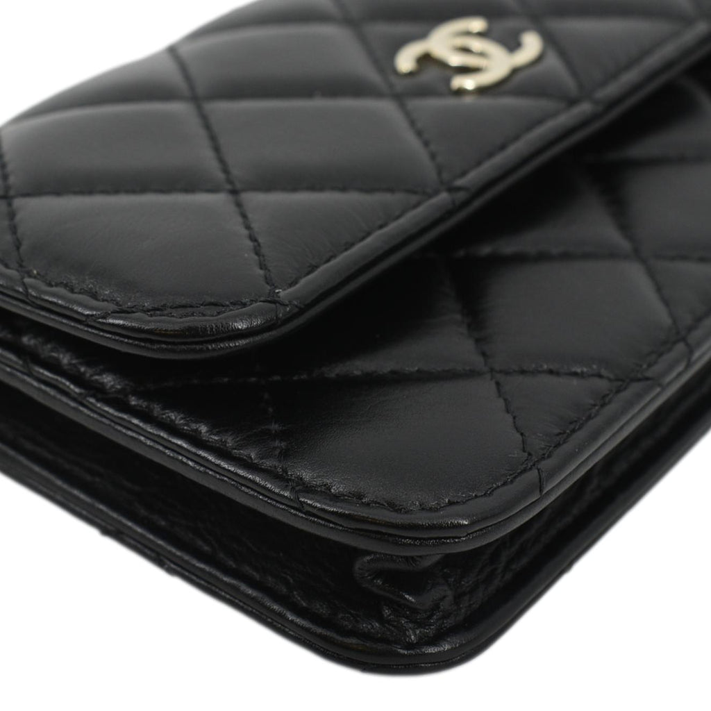 CHANEL Pearl Strap CC Mini Quilted Leather Wallet on Chain Shoulder Bag Black