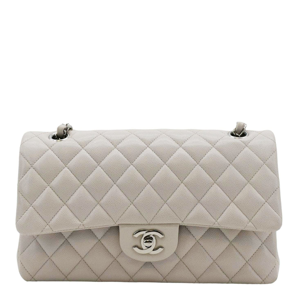 CHANEL Classic Double Flap Medium Quilted Caviar Leather Shoulder Bag White