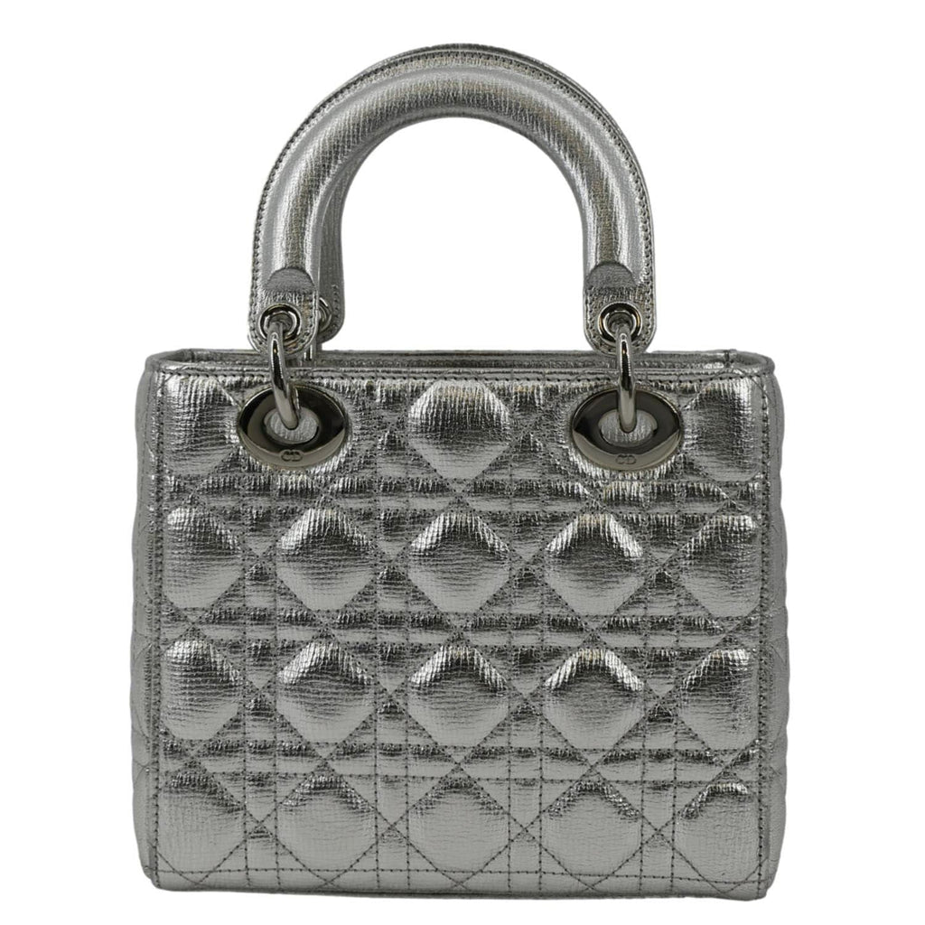 CHRISTIAN DIOR Lady Dior Lambskin Leather Shoulder Bag Metallic Silver