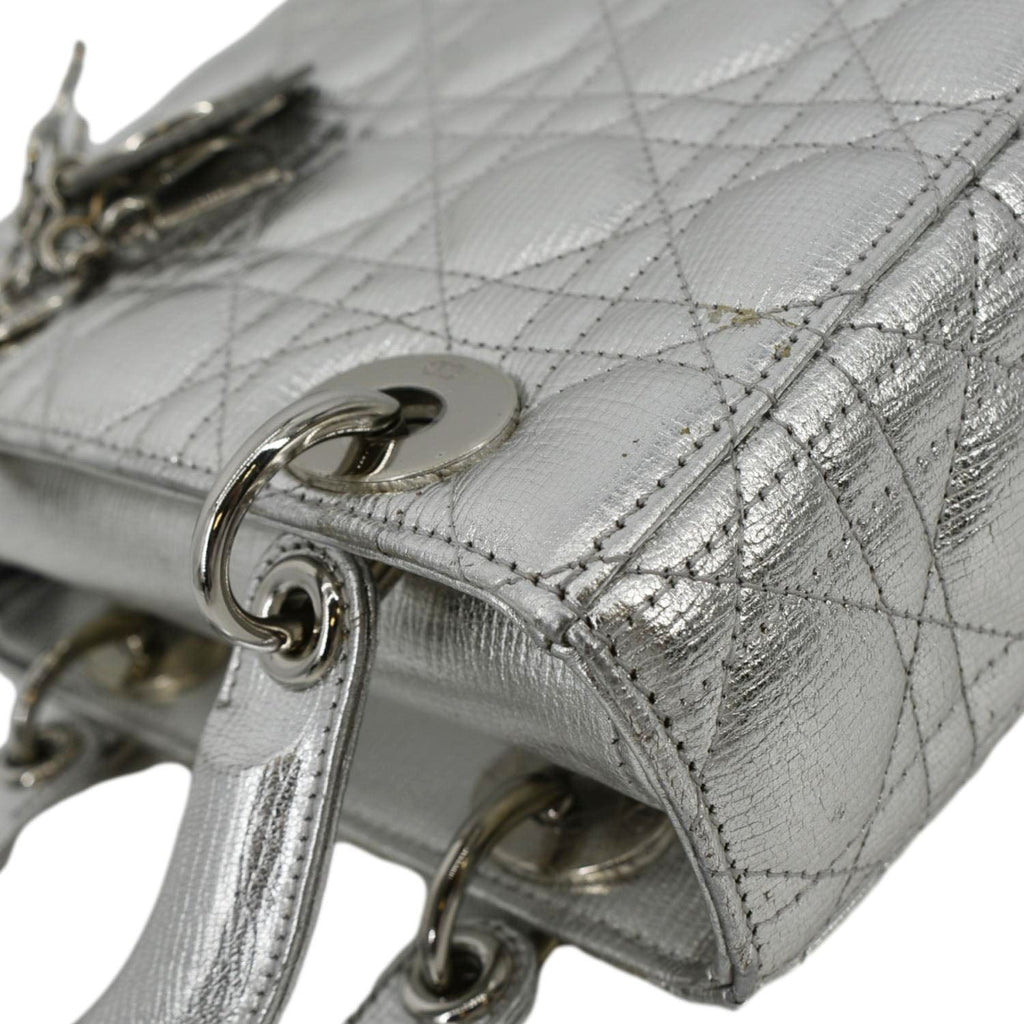 CHRISTIAN DIOR Lady Dior Lambskin Leather Shoulder Bag Metallic Silver