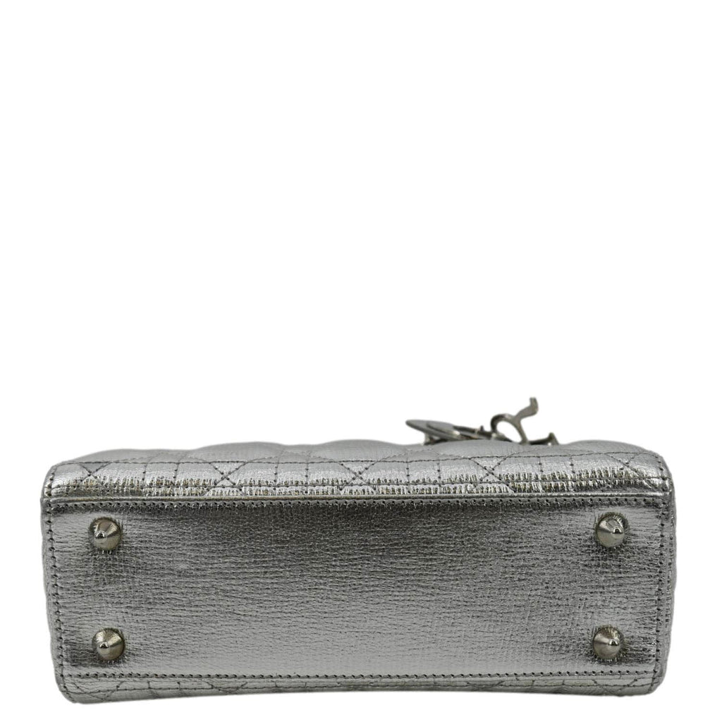 CHRISTIAN DIOR Lady Dior Lambskin Leather Shoulder Bag Metallic Silver
