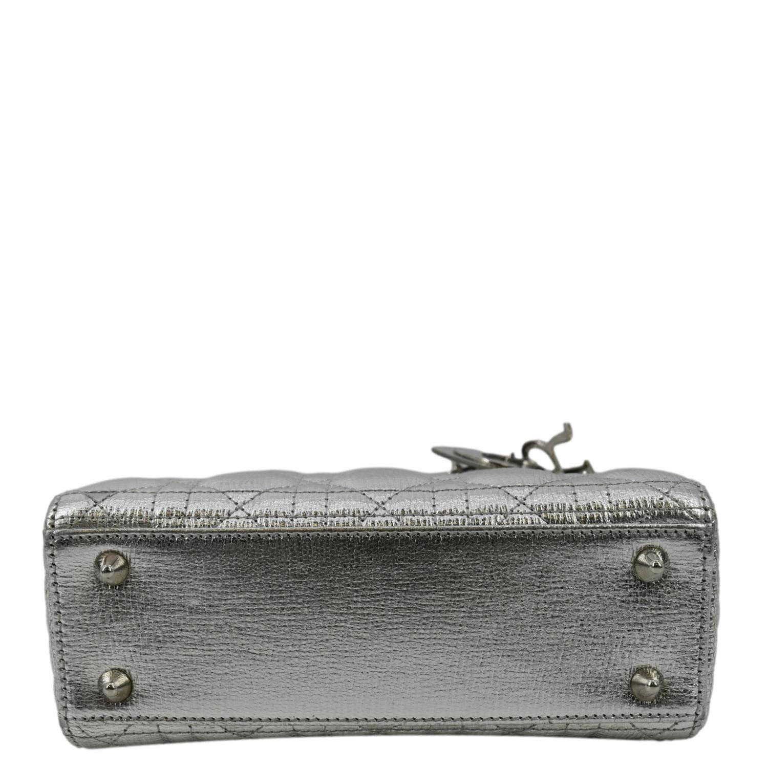 CHRISTIAN DIOR Lady Dior Lambskin Leather Shoulder Bag Metallic Silver