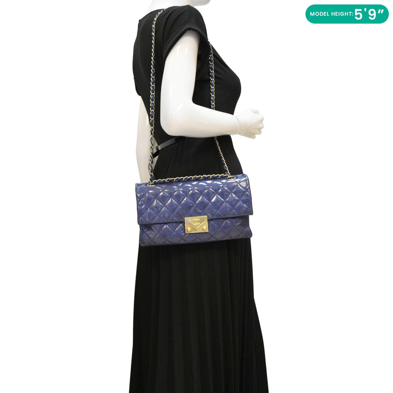 Chanel Envelope Lock 3 Small Quilted Patent Leather Shoulder Bag Blue