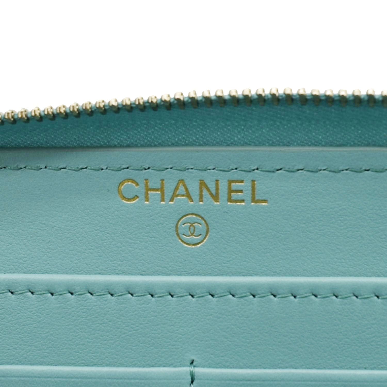 CHANEL Zip Around Quilted Caviar Leather Wallet Turquoise