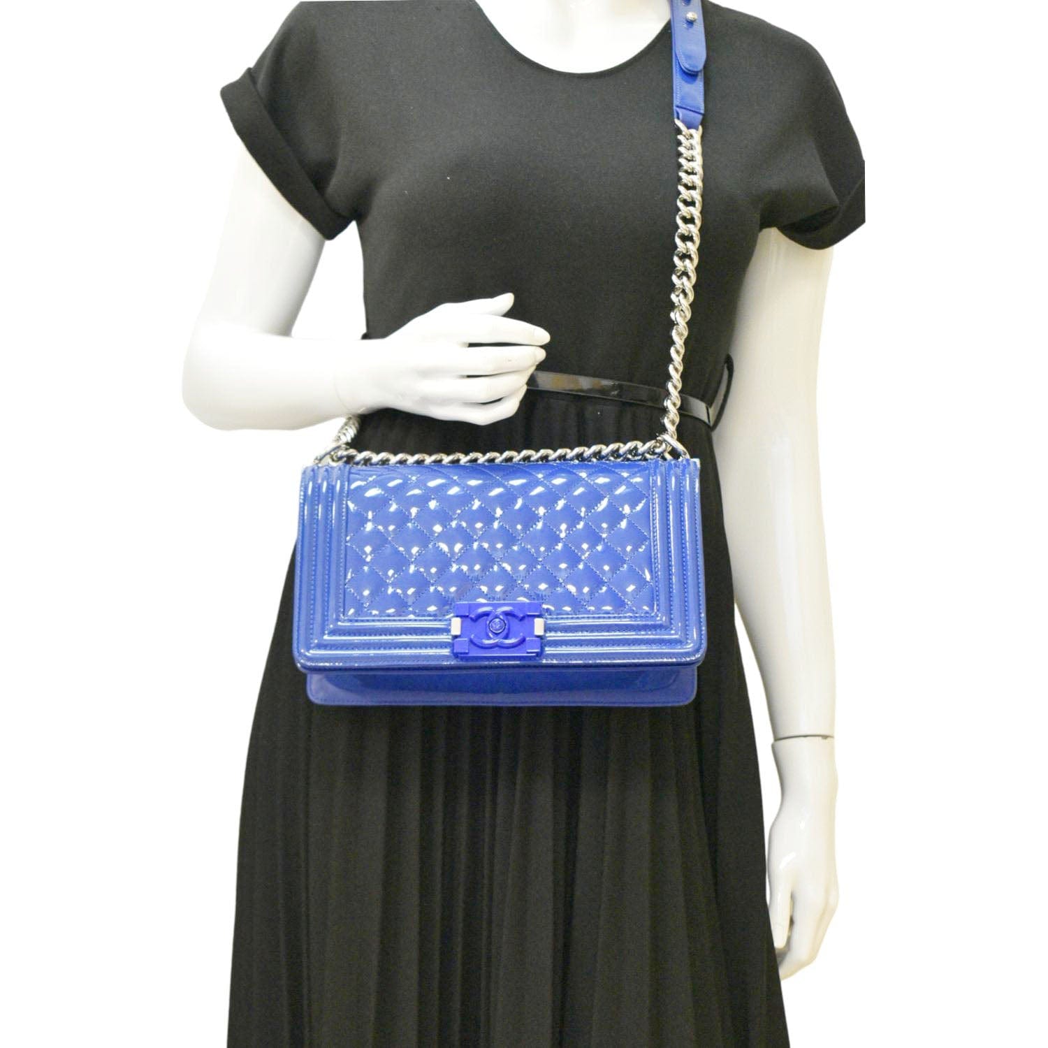 CHANEL Boy Flap Old Medium Plexiglass Patent Leather Crossbody Bag Blue